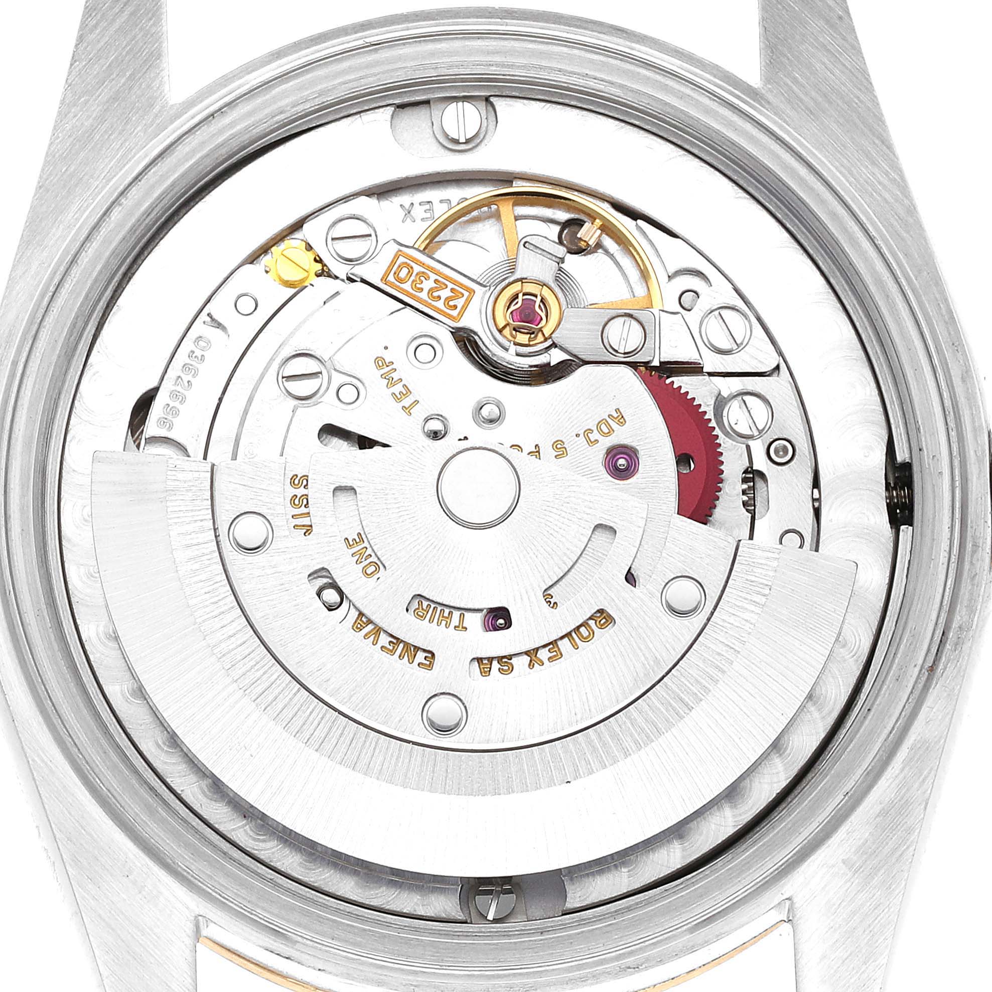 This is an image of the movement and internal mechanism of a Rolex Mid-Size 77483 Women
s Steel and Gold (two tone) Grey Dial 77483 Women
s Steel and Gold (two tone) Grey Dial model watch, viewed from the back.