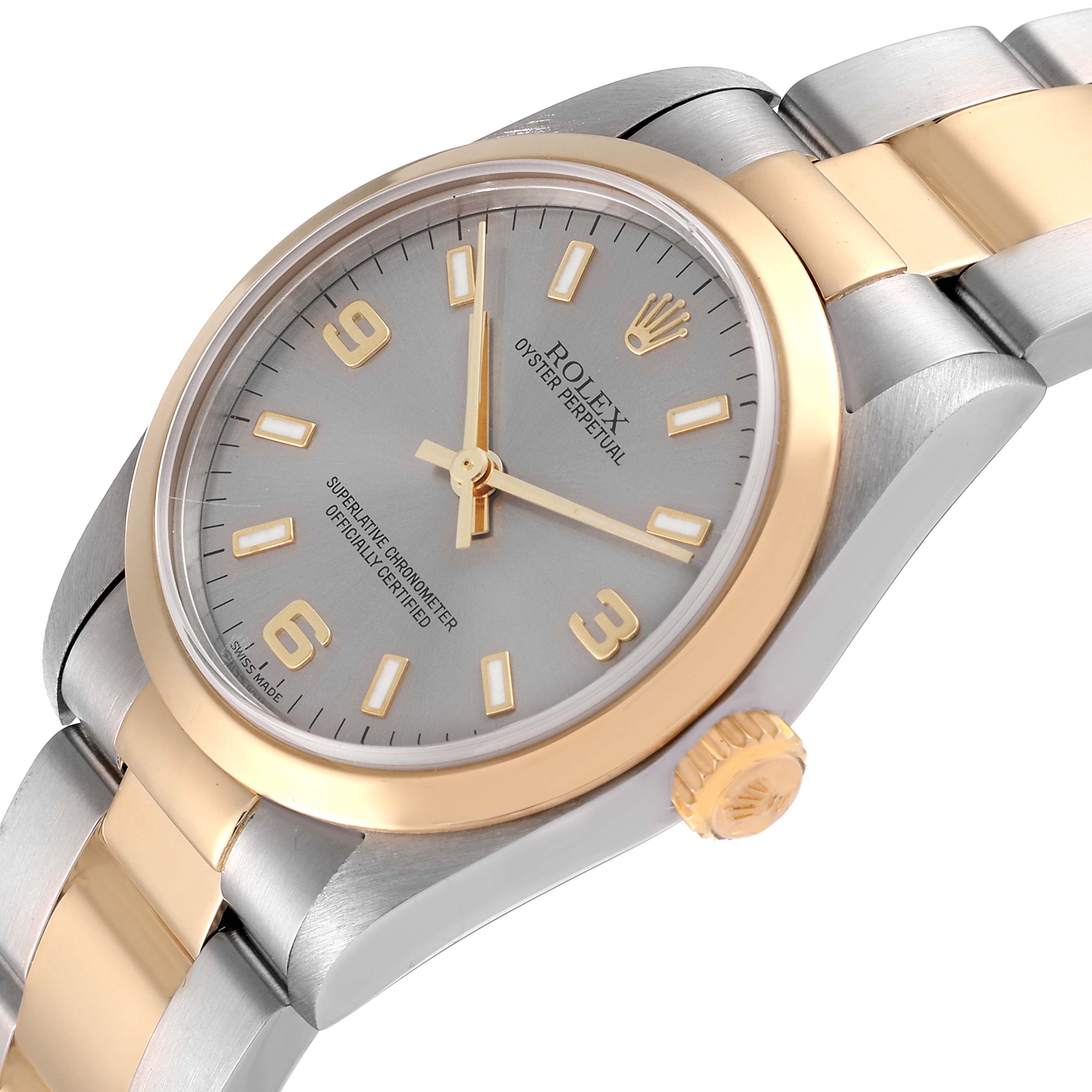 This image shows an angled view of a Rolex Mid-Size 77483 Women
s Steel and Gold (two tone) Grey Dial 77483 Women
s Steel and Gold (two tone) Grey Dial Oyster Perpetual watch, focusing on the dial, bezel, crown, and bracelet.