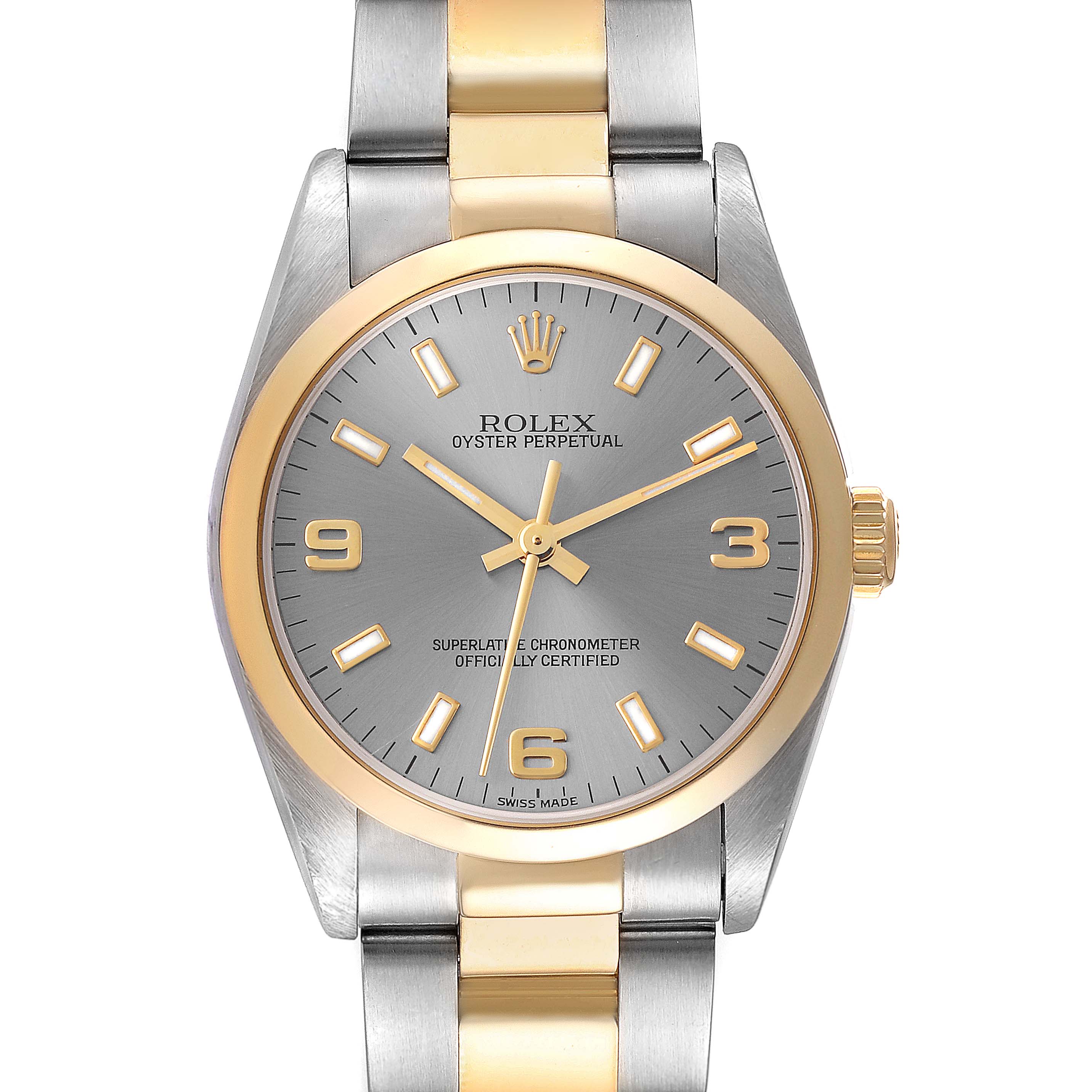 The image shows a Rolex Mid-Size 77483 Women
s Steel and Gold (two tone) Grey Dial 77483 Women
s Steel and Gold (two tone) Grey Dial Oyster Perpetual watch from a front angle, displaying its face, bezel, and bracelet.