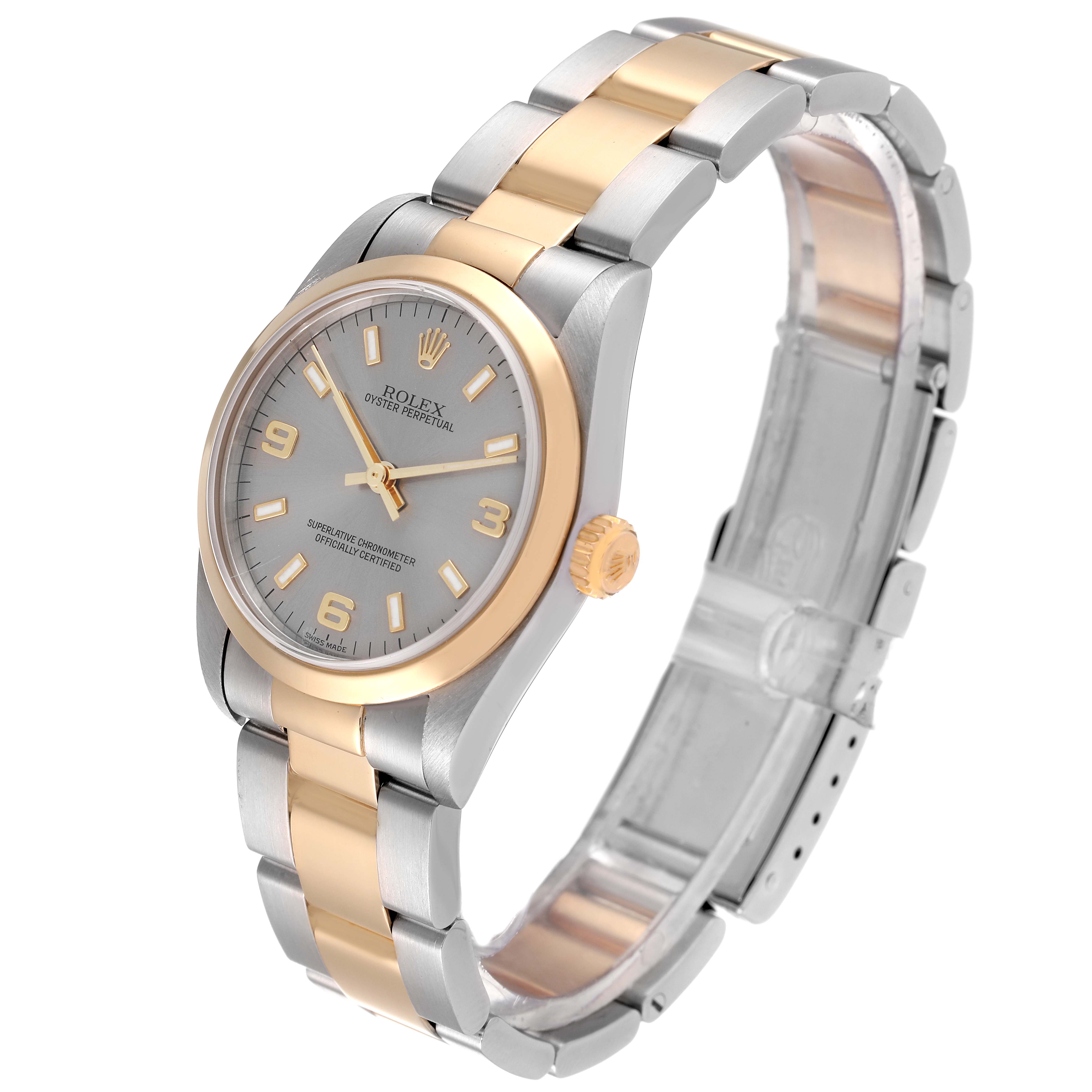 The Rolex Mid-Size 77483 Women
s Steel and Gold (two tone) Grey Dial 77483 Women
s Steel and Gold (two tone) Grey Dial model watch is shown at a three-quarter angle, displaying the face, bezel, and part of the bracelet.