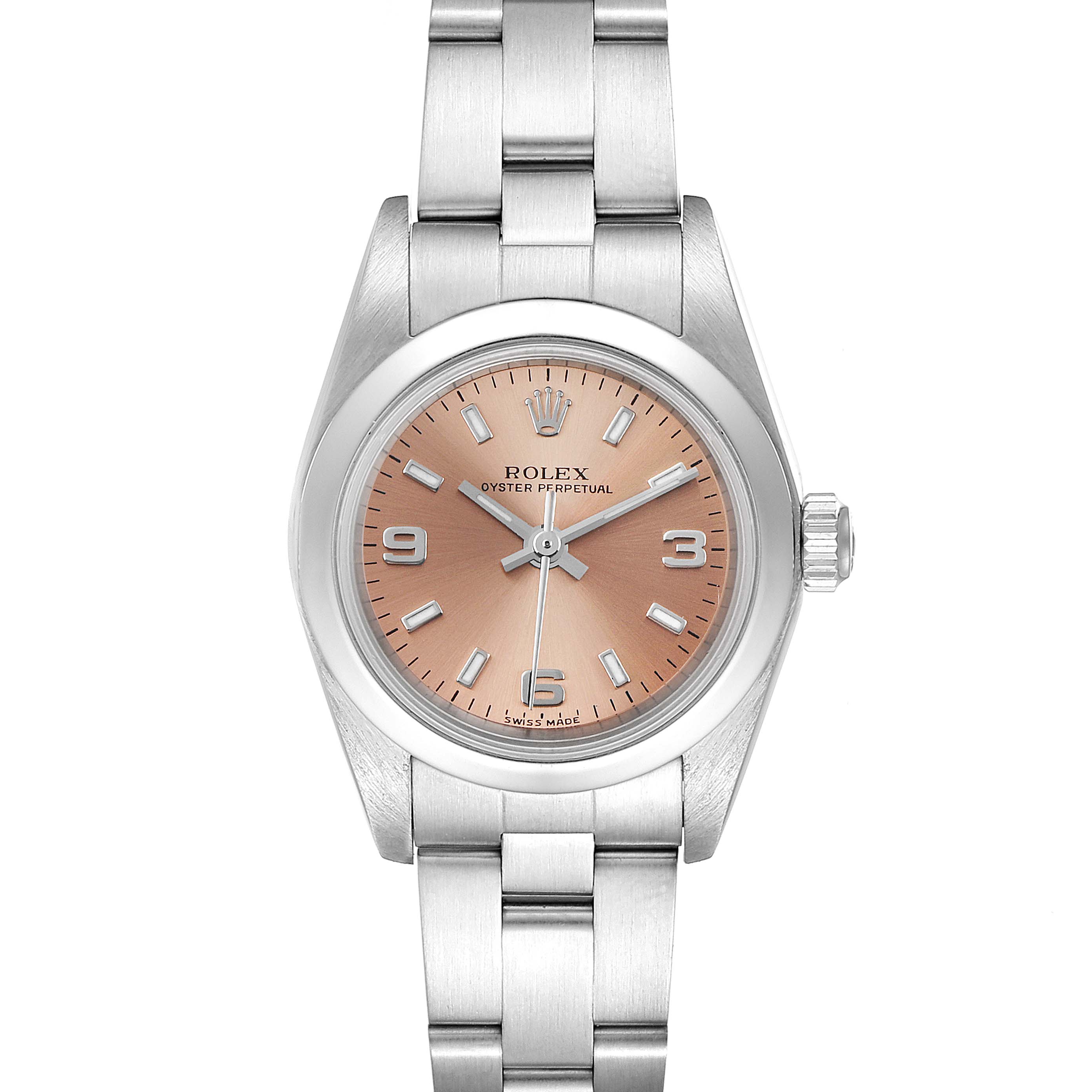 This is a front view of a Rolex Oyster Perpetual 76080 Women's Stainless Steel Pink Dial 76080 Women's Stainless Steel Pink Dial watch, showing the face, bezel, and part of the bracelet.