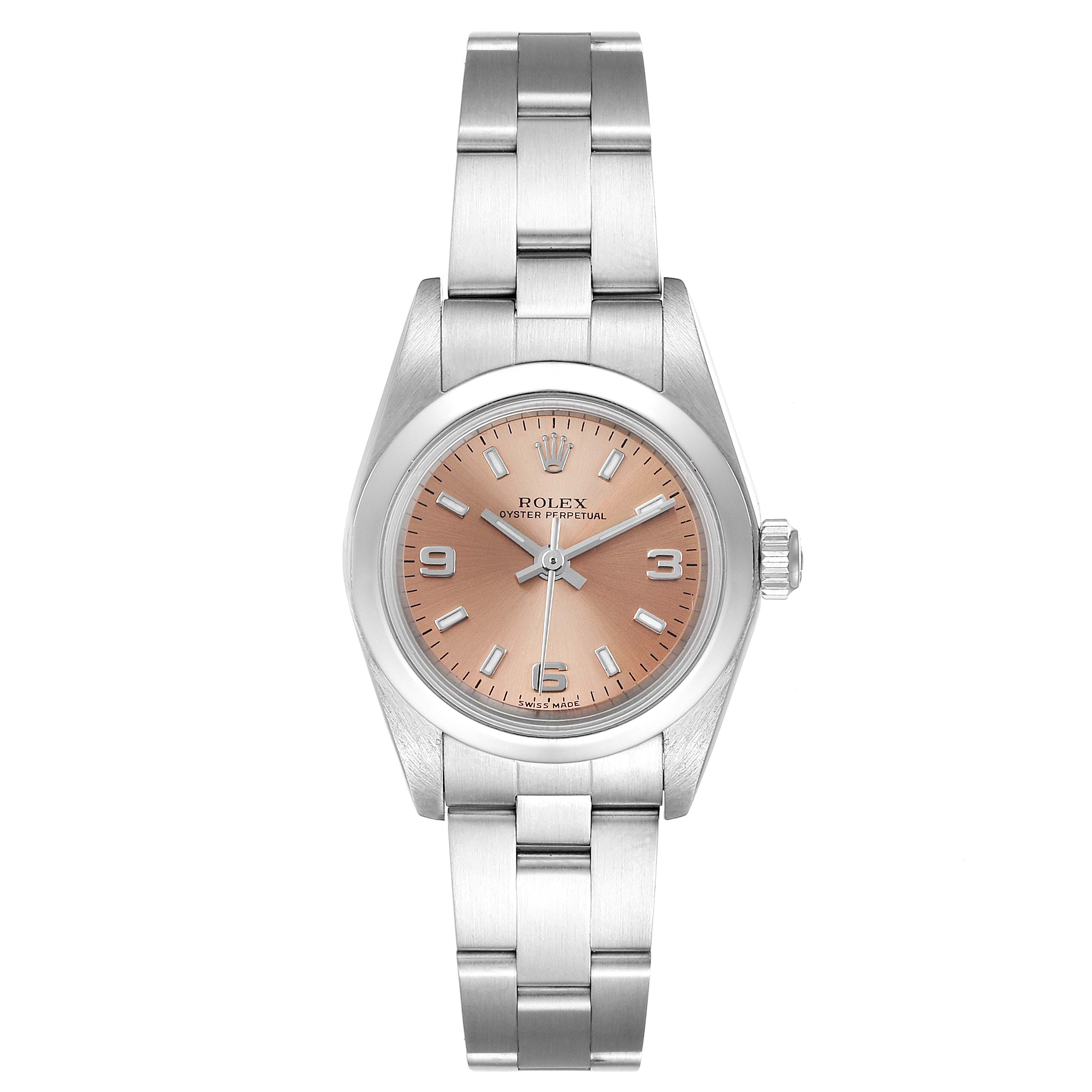 The Rolex Oyster Perpetual 76080 Women's Stainless Steel Pink Dial 76080 Women's Stainless Steel Pink Dial watch is shown from a top-down perspective, displaying its watch face, bezel, and bracelet.
