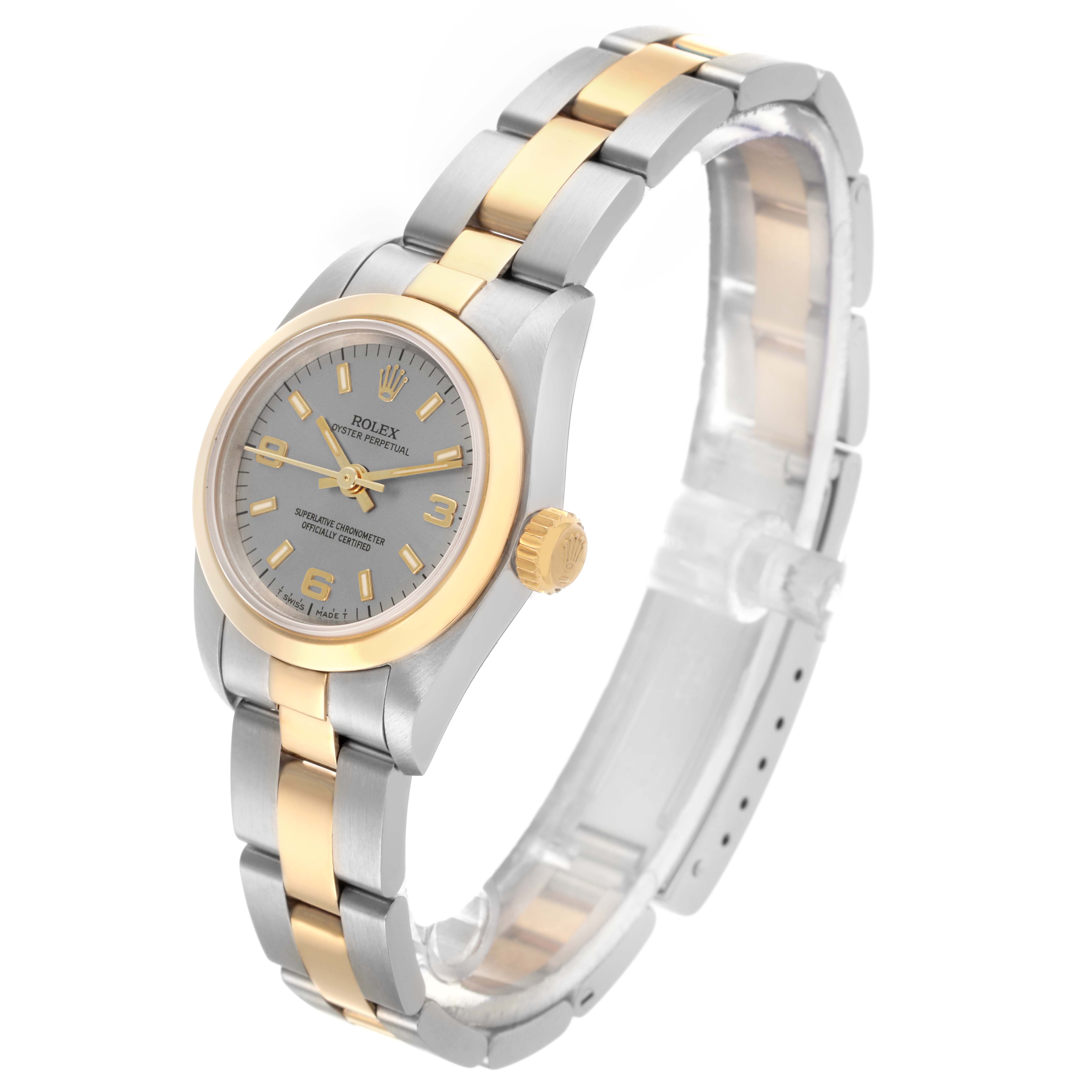 The Rolex Oyster Perpetual 67183 Women's Steel and Gold (two tone) Grey Dial 67183 Women's Steel and Gold (two tone) Grey Dial watch is shown at a slight angle, displaying the face, bezel, crown, and bracelet links.