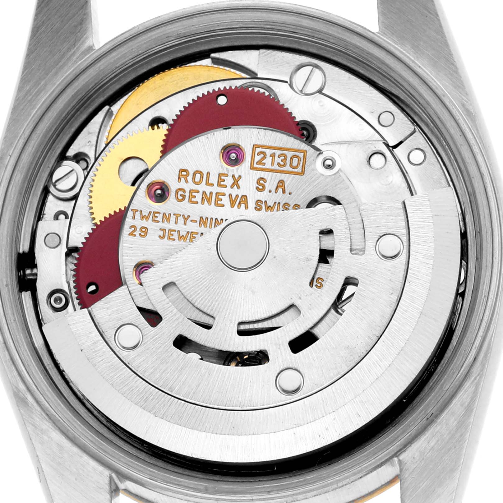 The image shows the internal mechanism of a Rolex Oyster Perpetual 67183 Women's Steel and Gold (two tone) Grey Dial 67183 Women's Steel and Gold (two tone) Grey Dial watch, focusing on the movement components.