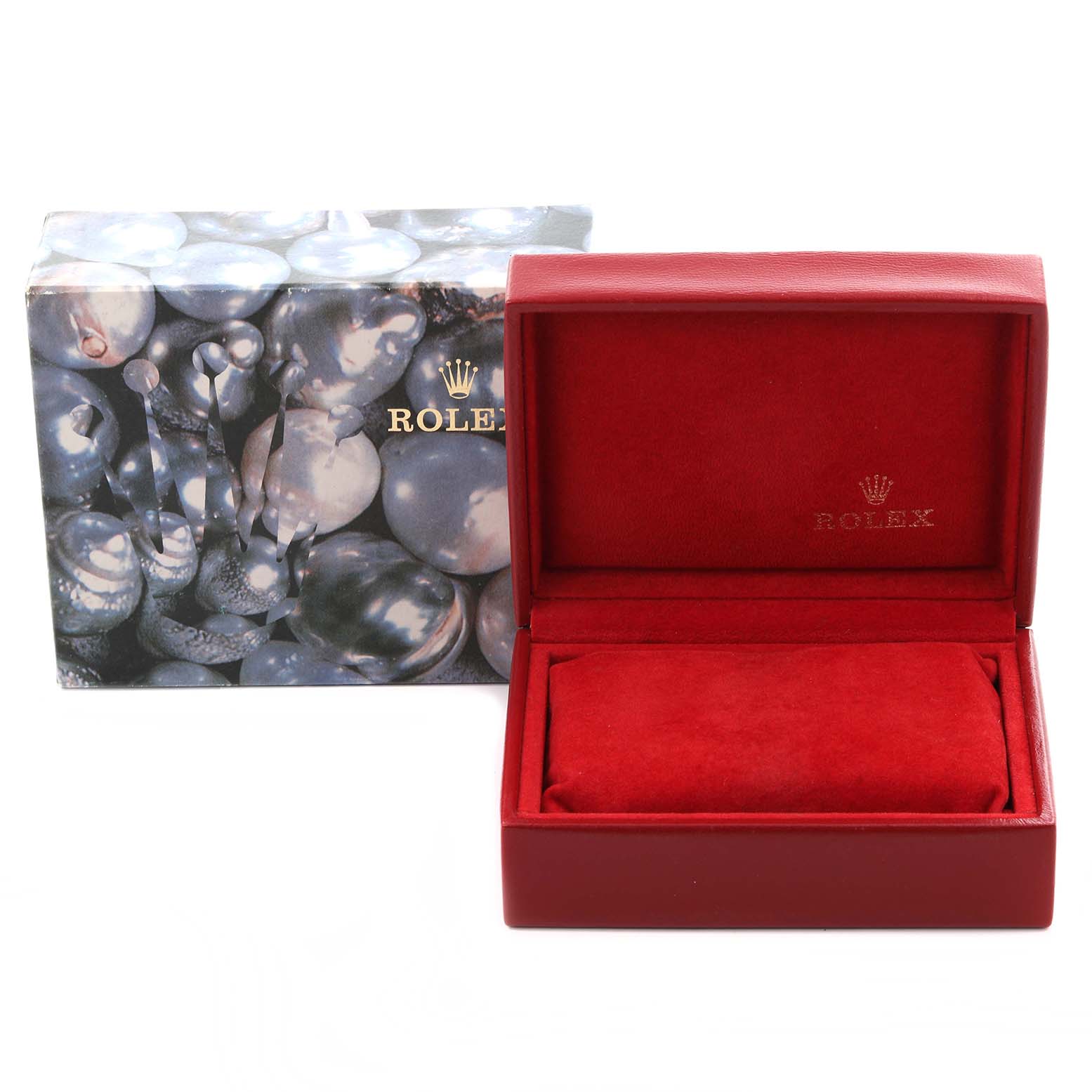 The image shows a Rolex Oyster Perpetual 67183 Women's Steel and Gold (two tone) Grey Dial 67183 Women's Steel and Gold (two tone) Grey Dial watch box and its outer packaging, with a focus on the open, red interior.