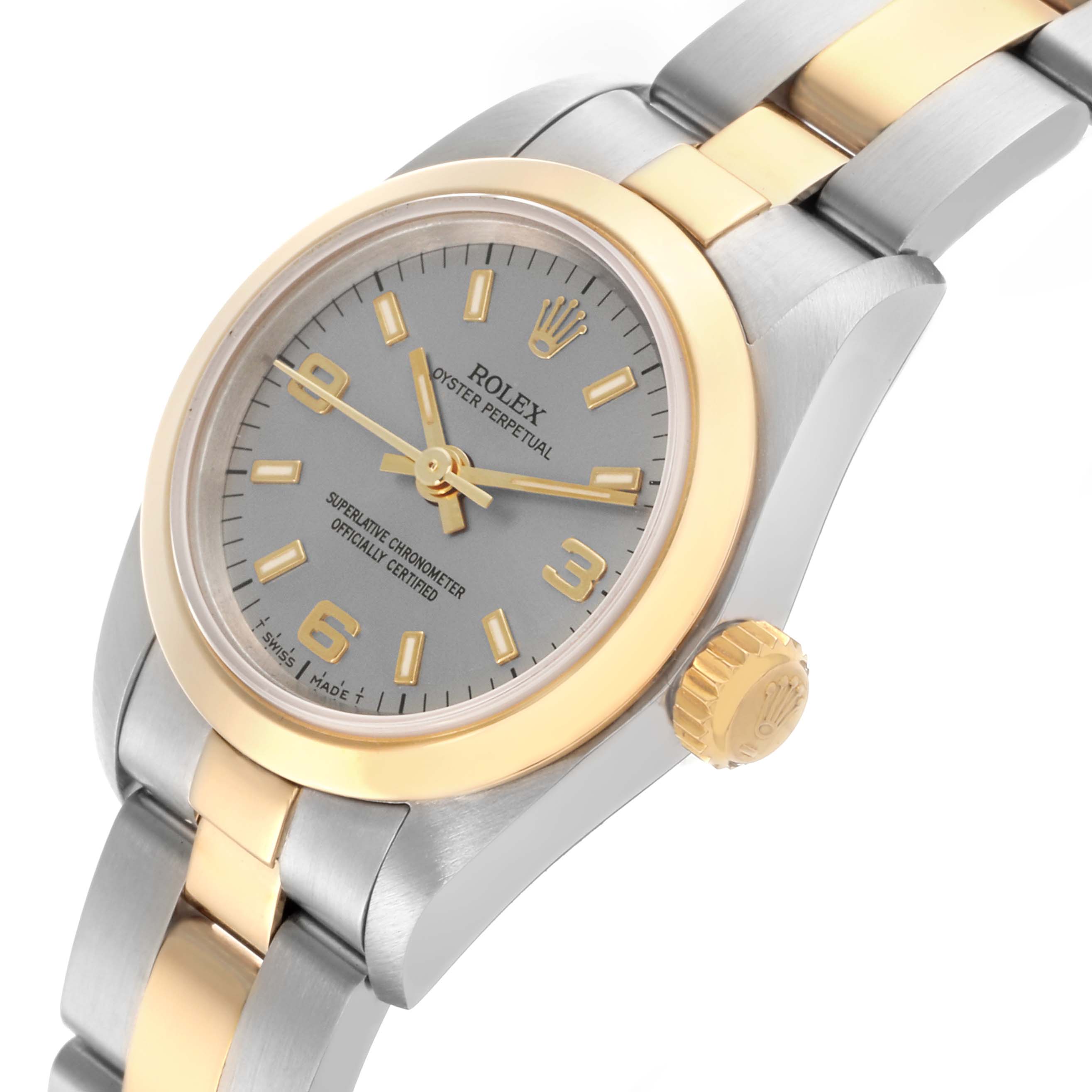 The Rolex Oyster Perpetual 67183 Women's Steel and Gold (two tone) Grey Dial 67183 Women's Steel and Gold (two tone) Grey Dial watch is shown from a side angle, highlighting the dial, crown, and two-tone bracelet.