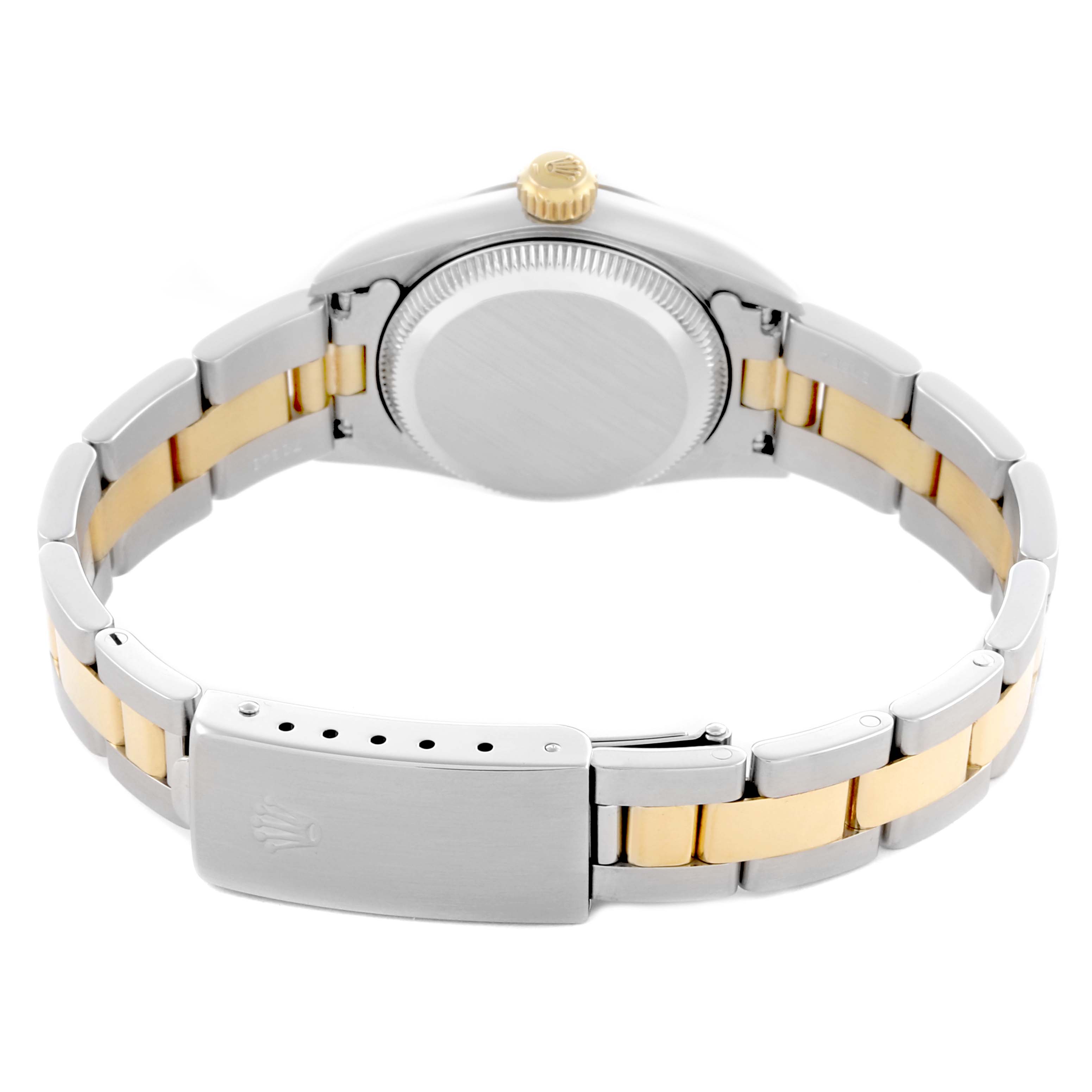 The image shows the back of a Rolex Oyster Perpetual 67183 Women's Steel and Gold (two tone) Grey Dial 67183 Women's Steel and Gold (two tone) Grey Dial watch, highlighting the bracelet and clasp.