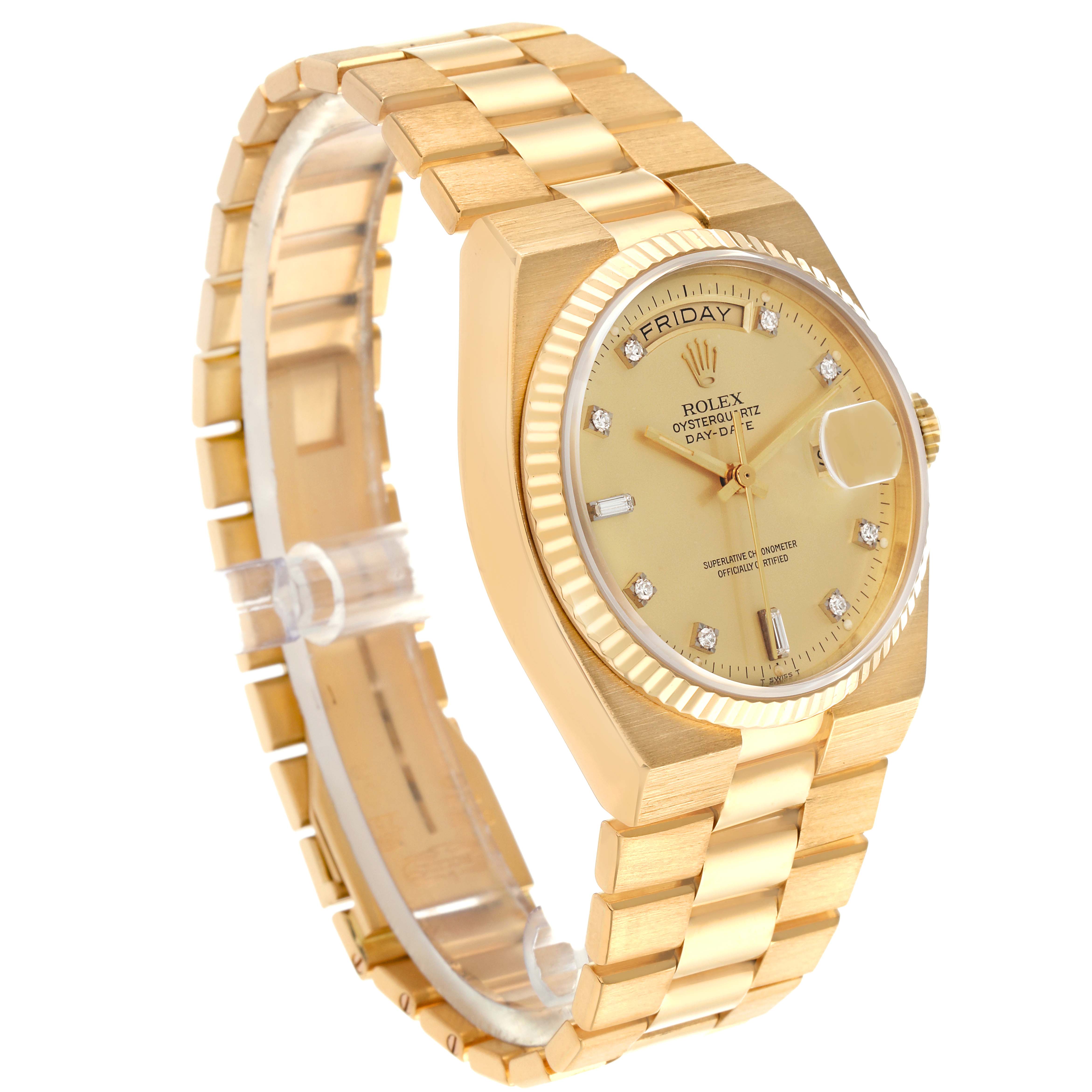 The Rolex Oysterquartz 19018 Men's Yellow Gold Champagne Dial 19018 Men's Yellow Gold Champagne Dial watch is shown at a three-quarter angle, highlighting the dial, bracelet, and case.