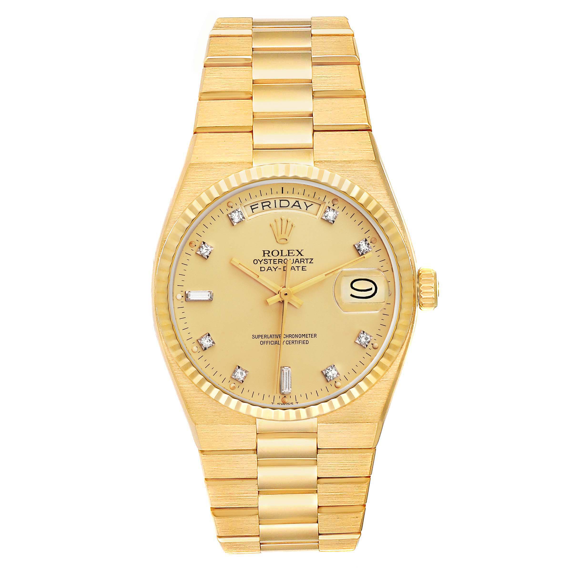 The Rolex Oysterquartz 19018 Men's Yellow Gold Champagne Dial 19018 Men's Yellow Gold Champagne Dial watch is shown from a top-down angle, displaying its entire face and bracelet.