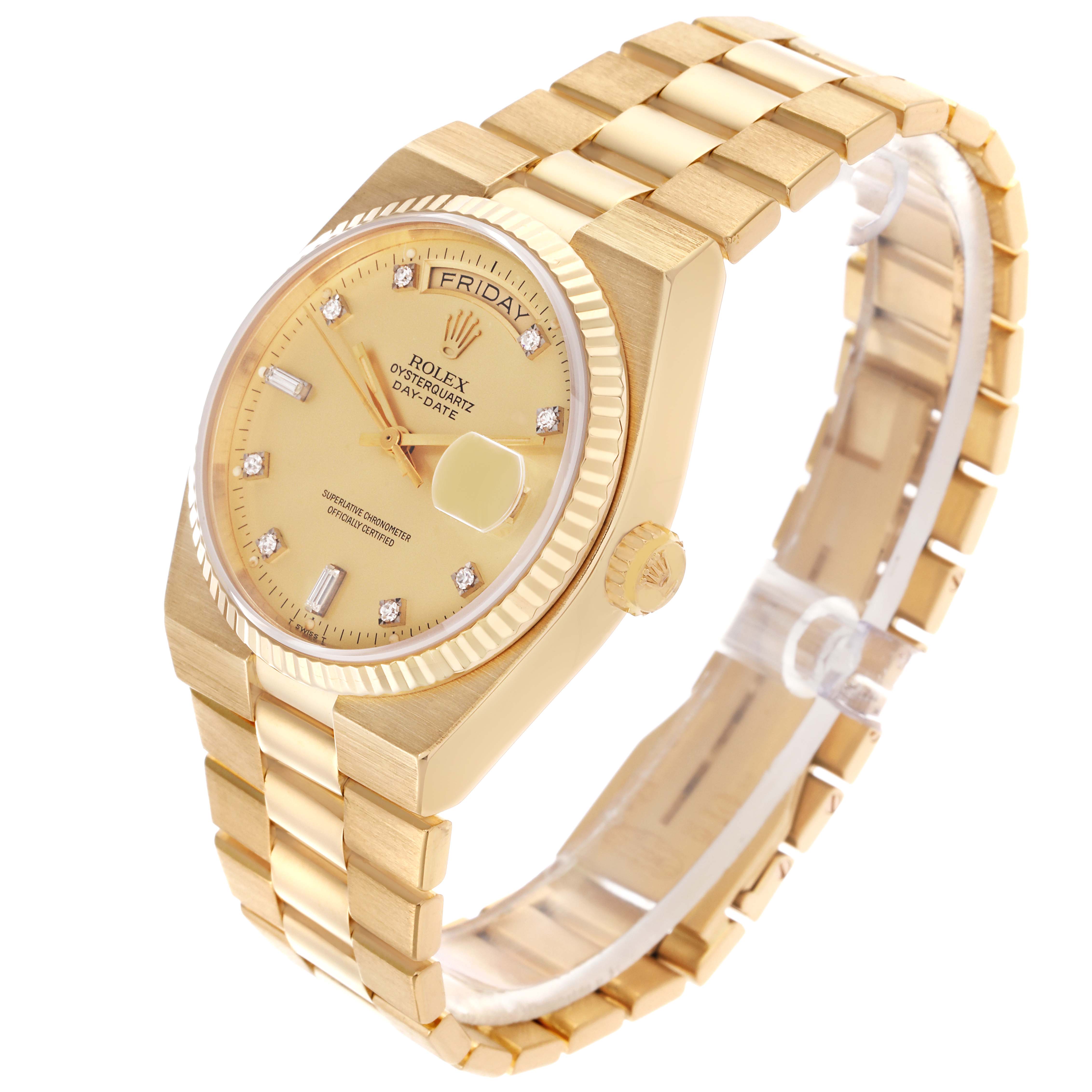 The Rolex Oysterquartz 19018 Men's Yellow Gold Champagne Dial 19018 Men's Yellow Gold Champagne Dial watch is shown at an angle highlighting its face, bezel, crown, and bracelet.