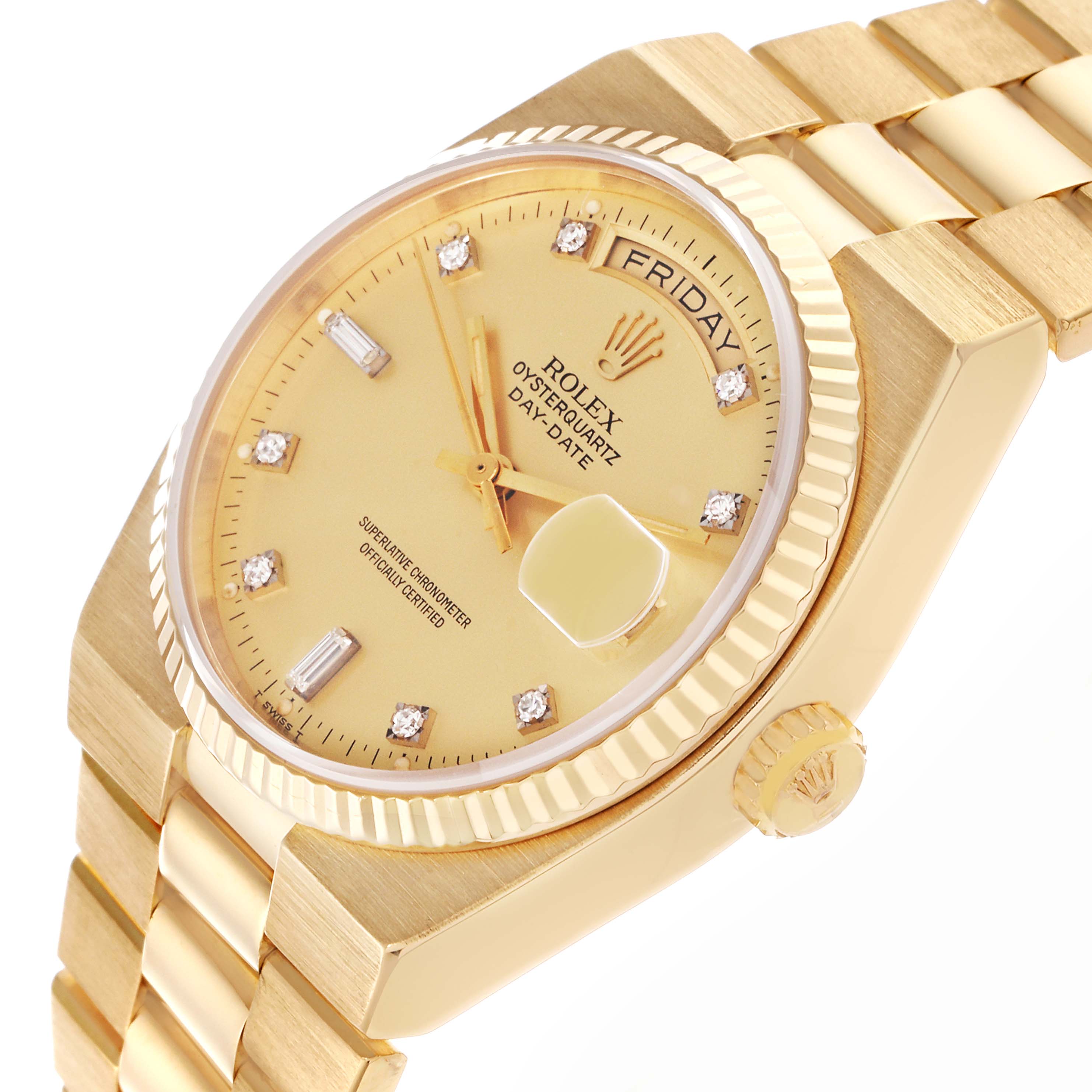 The image shows a Rolex Oysterquartz 19018 Men's Yellow Gold Champagne Dial 19018 Men's Yellow Gold Champagne Dial watch from a top-side angle, highlighting the dial, case, and part of the bracelet.