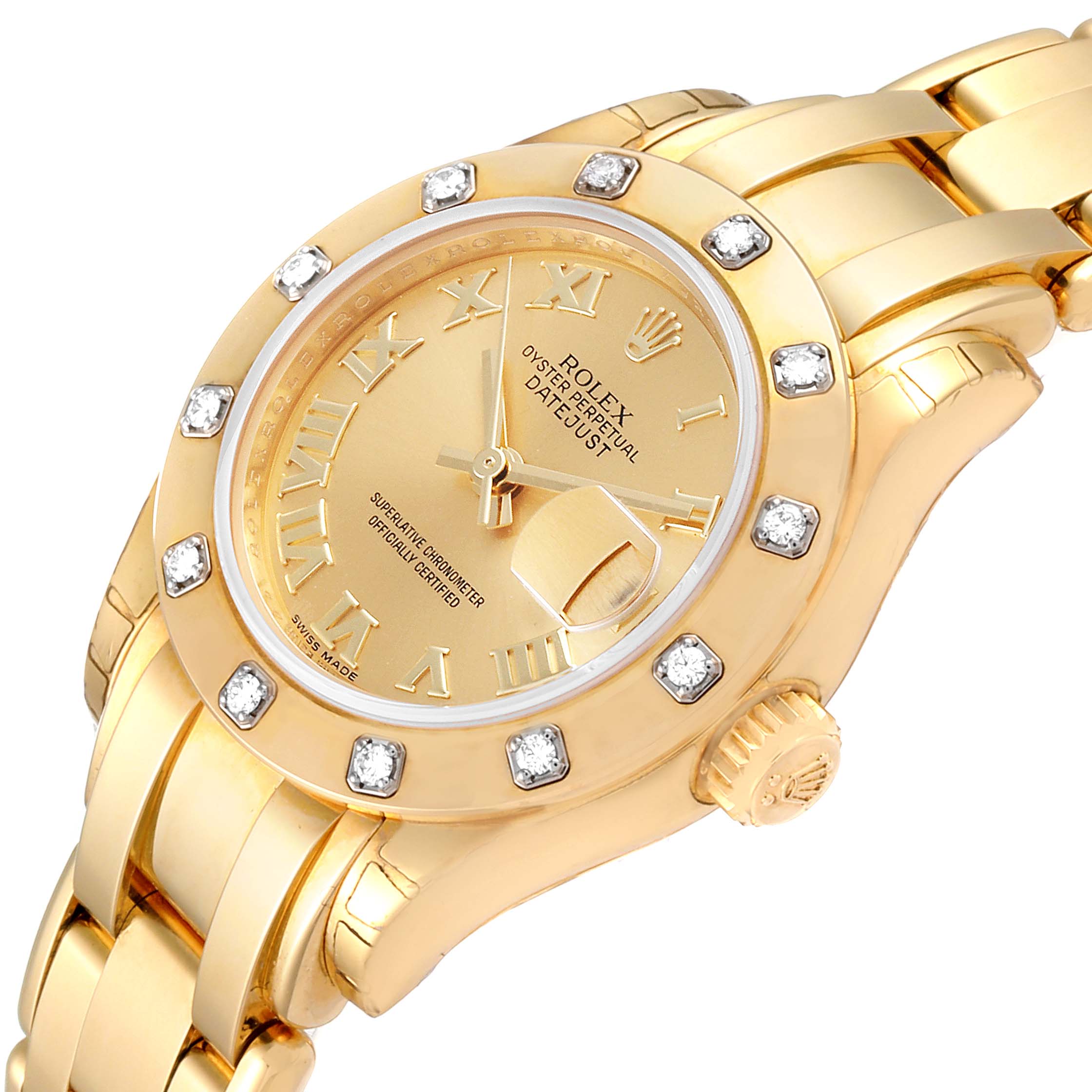 The Rolex Pearlmaster 80318 Women's Yellow Gold Champagne Dial 80318 Women's Yellow Gold Champagne Dial watch is shown at a side angle highlighting the gold case, diamond-studded bezel, and gold bracelet.