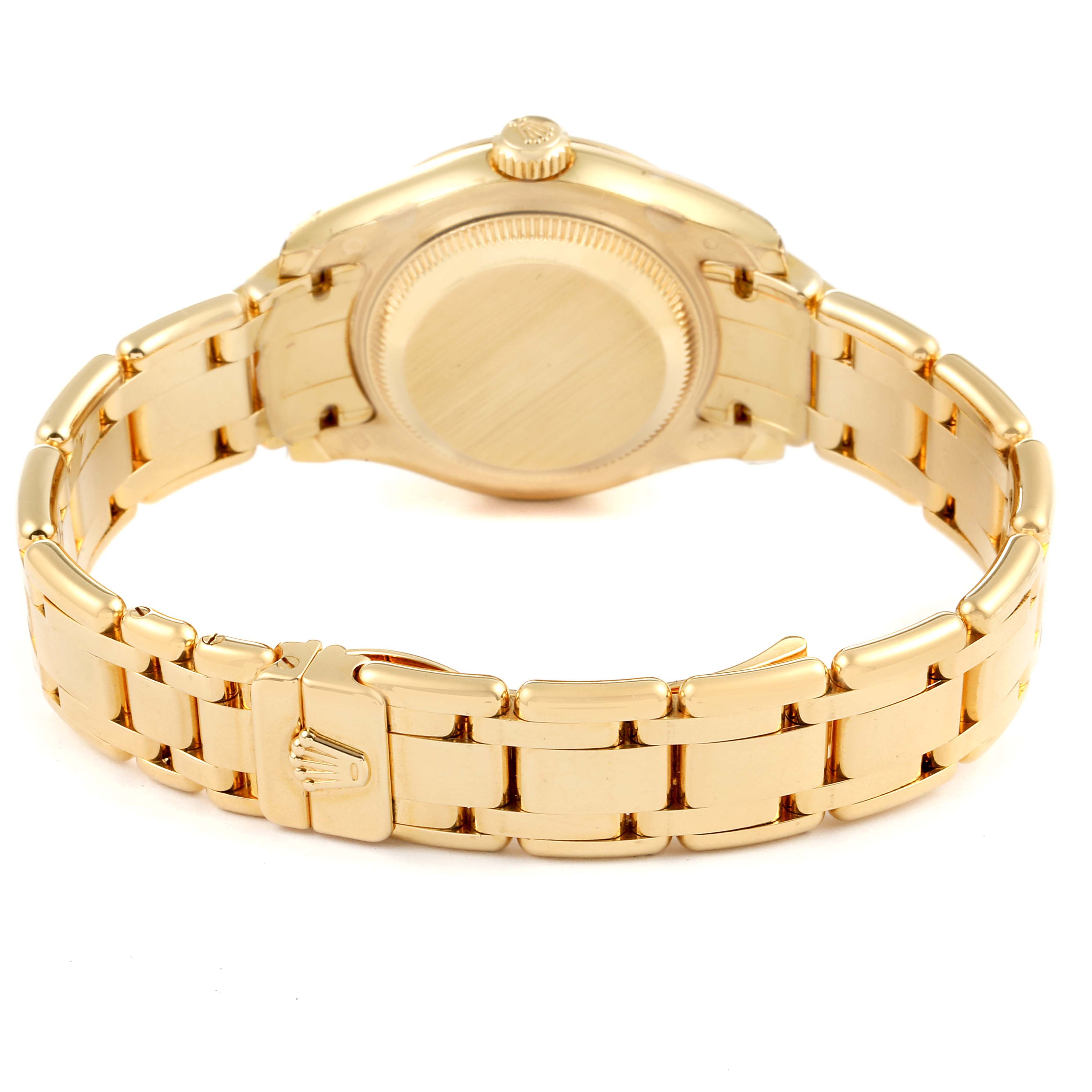 This image shows the back view of the Rolex Pearlmaster 80318 Women's Yellow Gold Champagne Dial 80318 Women's Yellow Gold Champagne Dial watch, showcasing its bracelet, clasp, and case back.