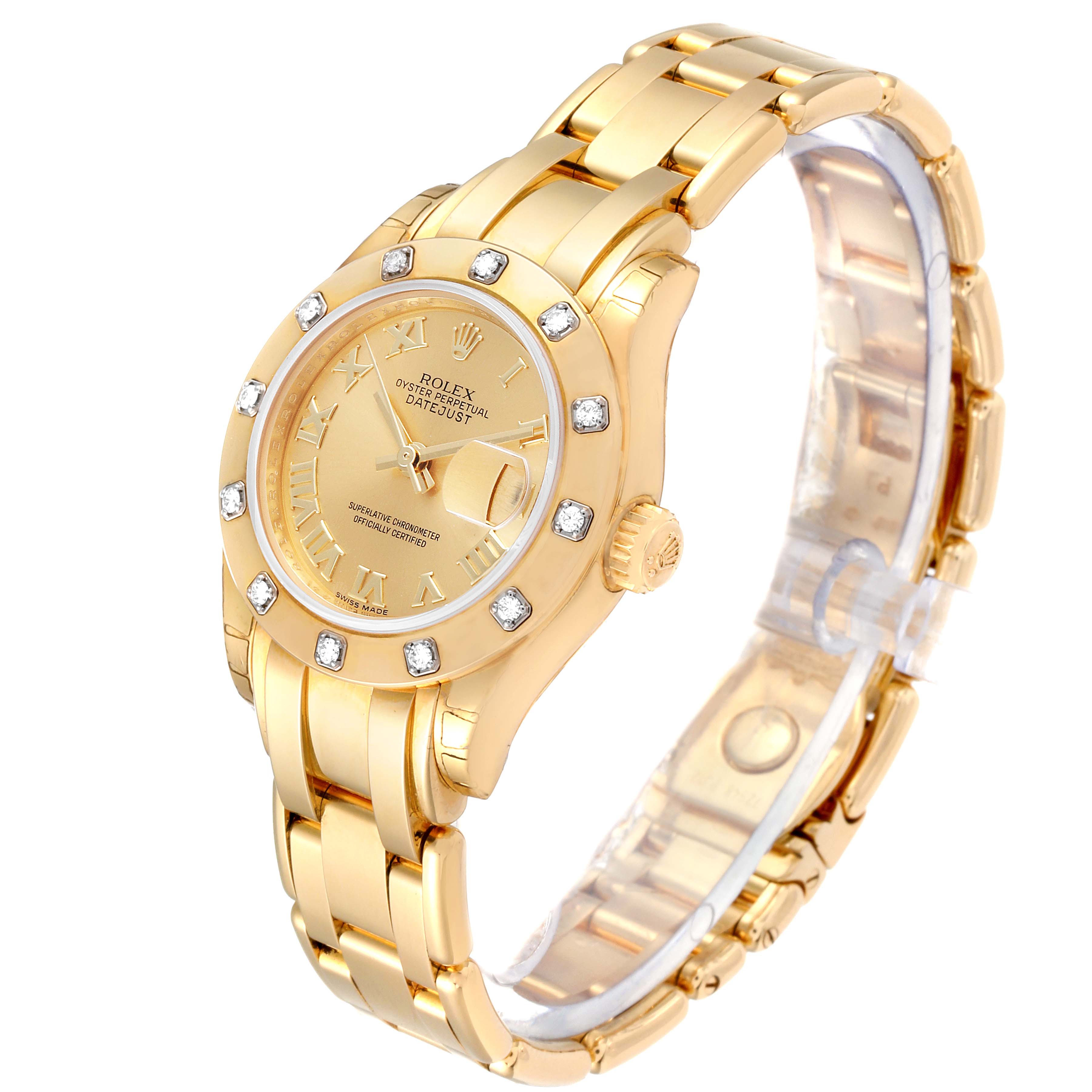 The Rolex Pearlmaster 80318 Women's Yellow Gold Champagne Dial 80318 Women's Yellow Gold Champagne Dial watch is angled to show the face, bezel, crown, and bracelet.