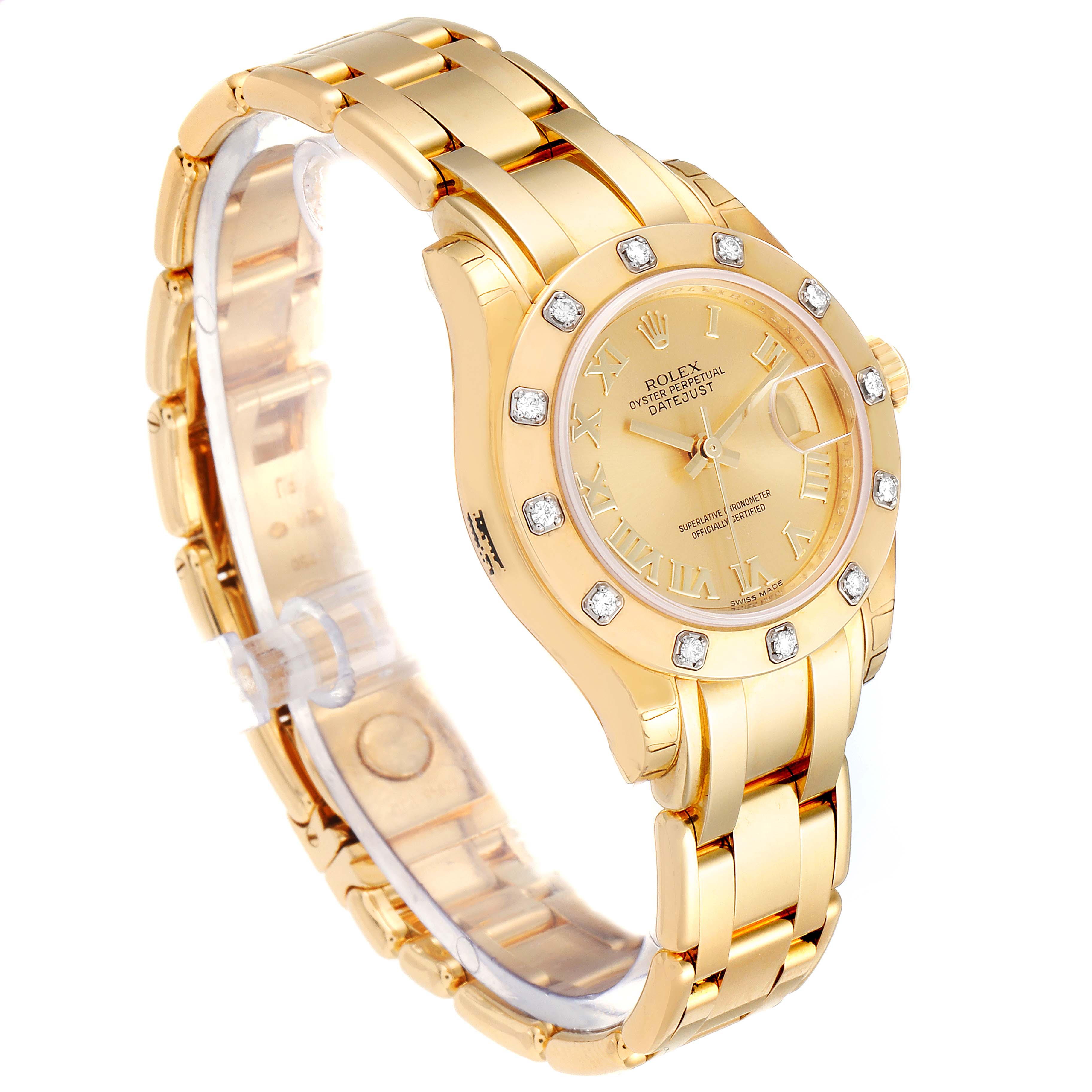 The image shows a three-quarter angle view of the Rolex Pearlmaster 80318 Women's Yellow Gold Champagne Dial 80318 Women's Yellow Gold Champagne Dial watch, displaying the face, bezel, and part of the bracelet.