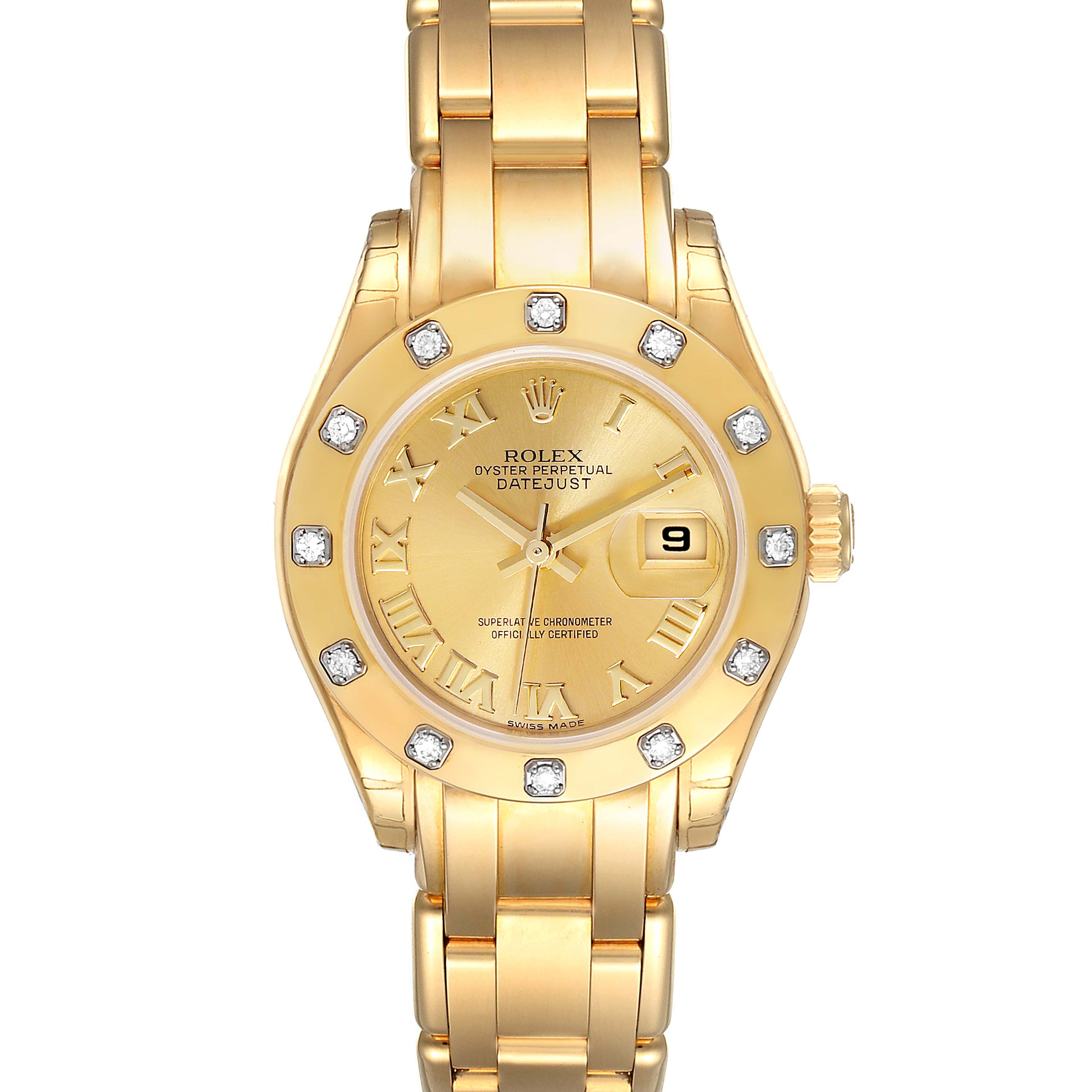 The image shows a front view of a Rolex Pearlmaster 80318 Women's Yellow Gold Champagne Dial 80318 Women's Yellow Gold Champagne Dial watch, highlighting the gold bracelet, bezel, dial, and date window.