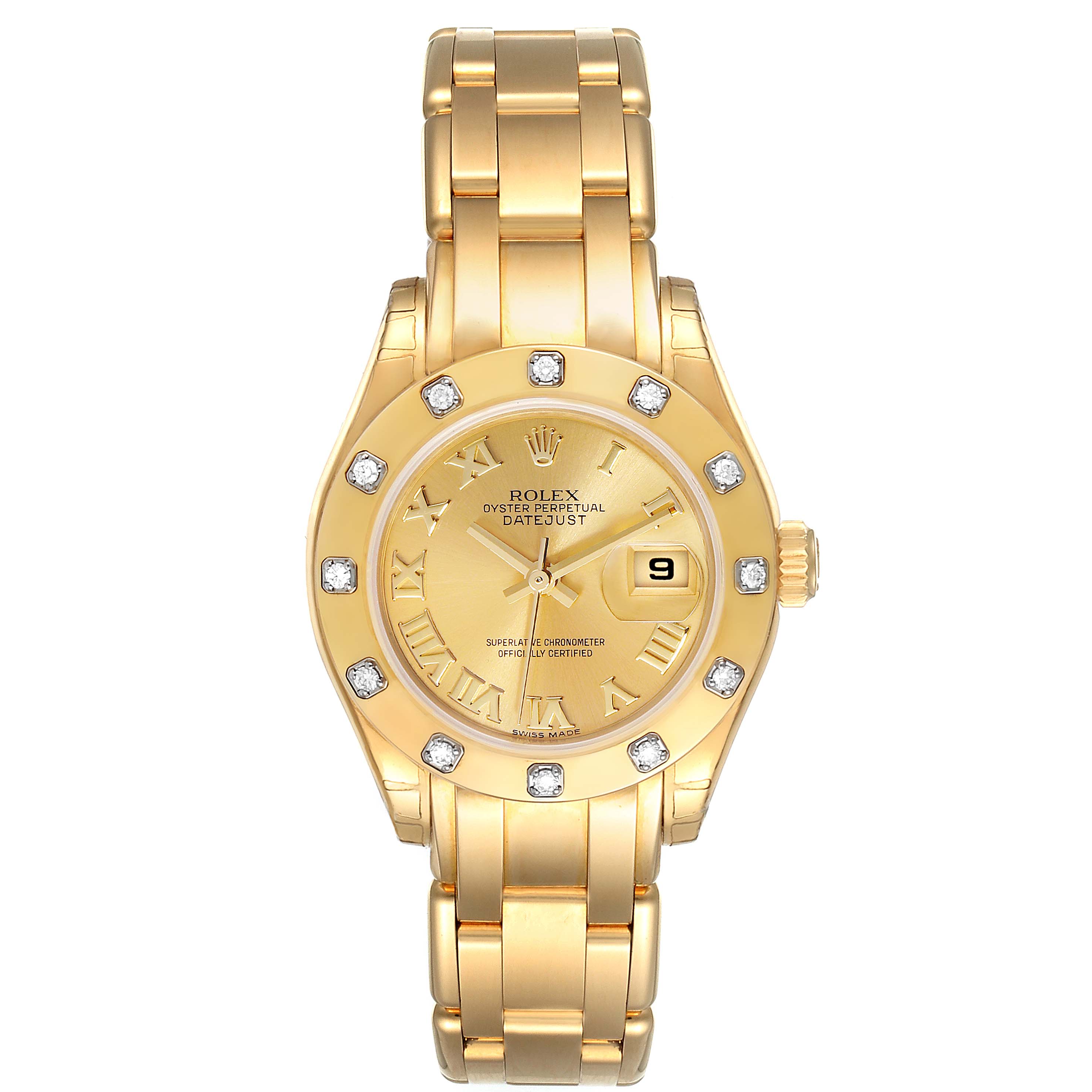 The Rolex Pearlmaster 80318 Women's Yellow Gold Champagne Dial 80318 Women's Yellow Gold Champagne Dial watch is shown from a straight-on angle, highlighting the face, bezel, and part of the bracelet.