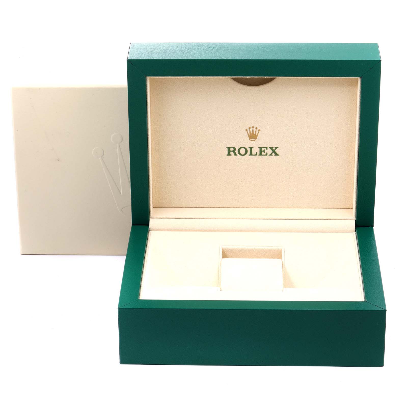 The image shows an open green Rolex box for the Pearlmaster model, displaying its interior with the Rolex logo.
