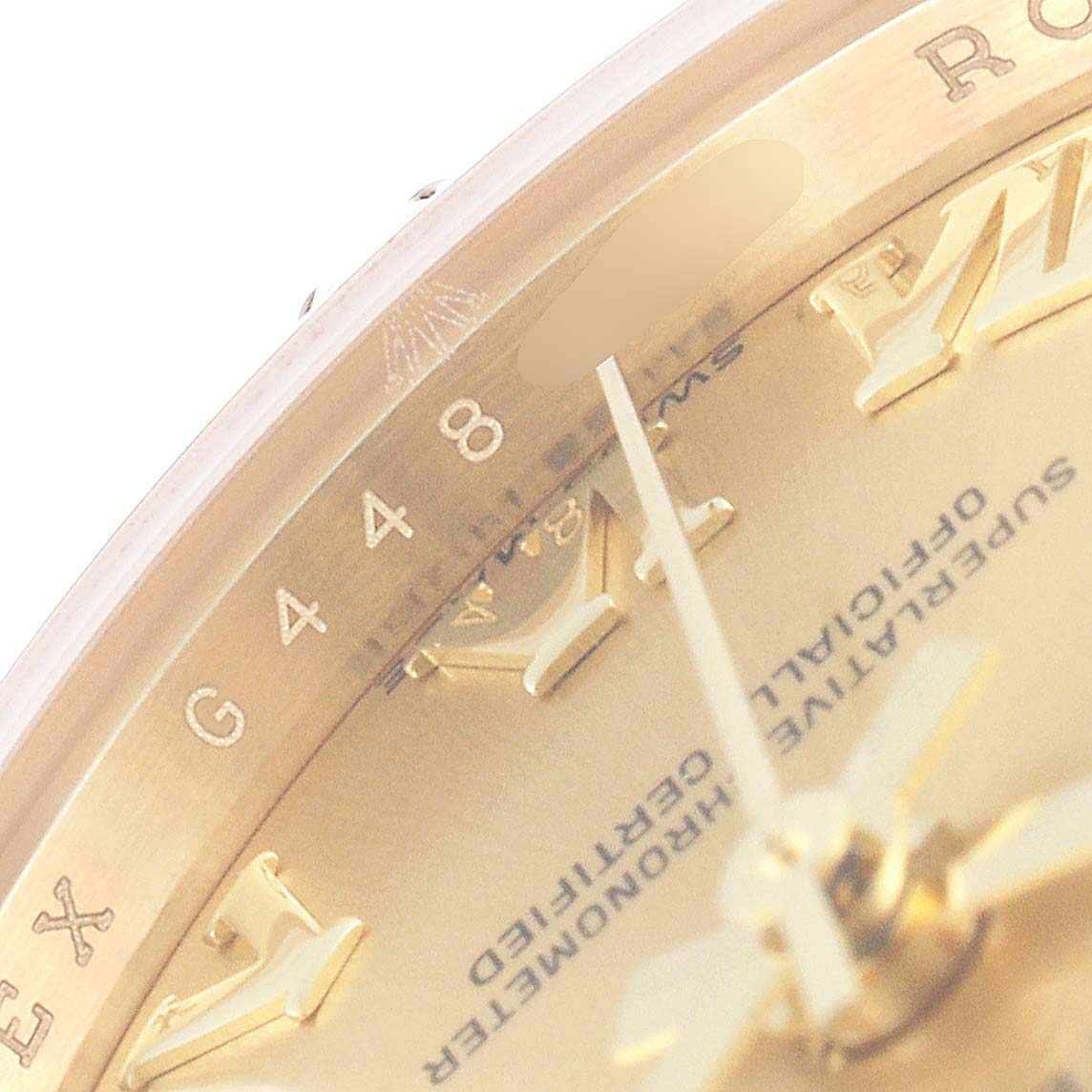 The image shows a close-up of the Rolex Pearlmaster 80318 Women's Yellow Gold Champagne Dial 80318 Women's Yellow Gold Champagne Dial watch face, highlighting the dial, Roman numerals, and part of the bezel.