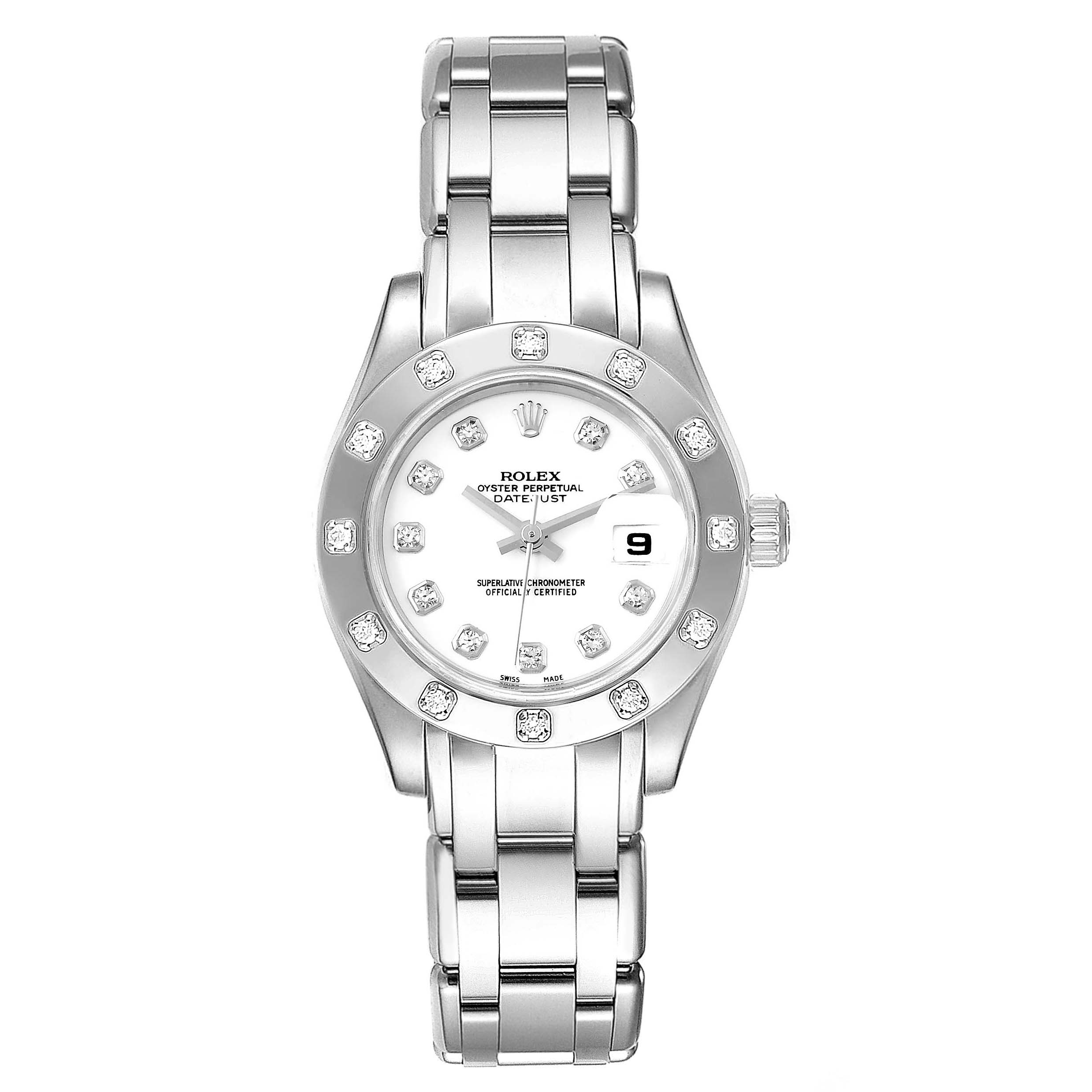 This image shows a front view of the Rolex Pearlmaster 80319 Women's White Gold White Dial 80319 Women's White Gold White Dial watch, featuring its dial, bezel, and metal bracelet.