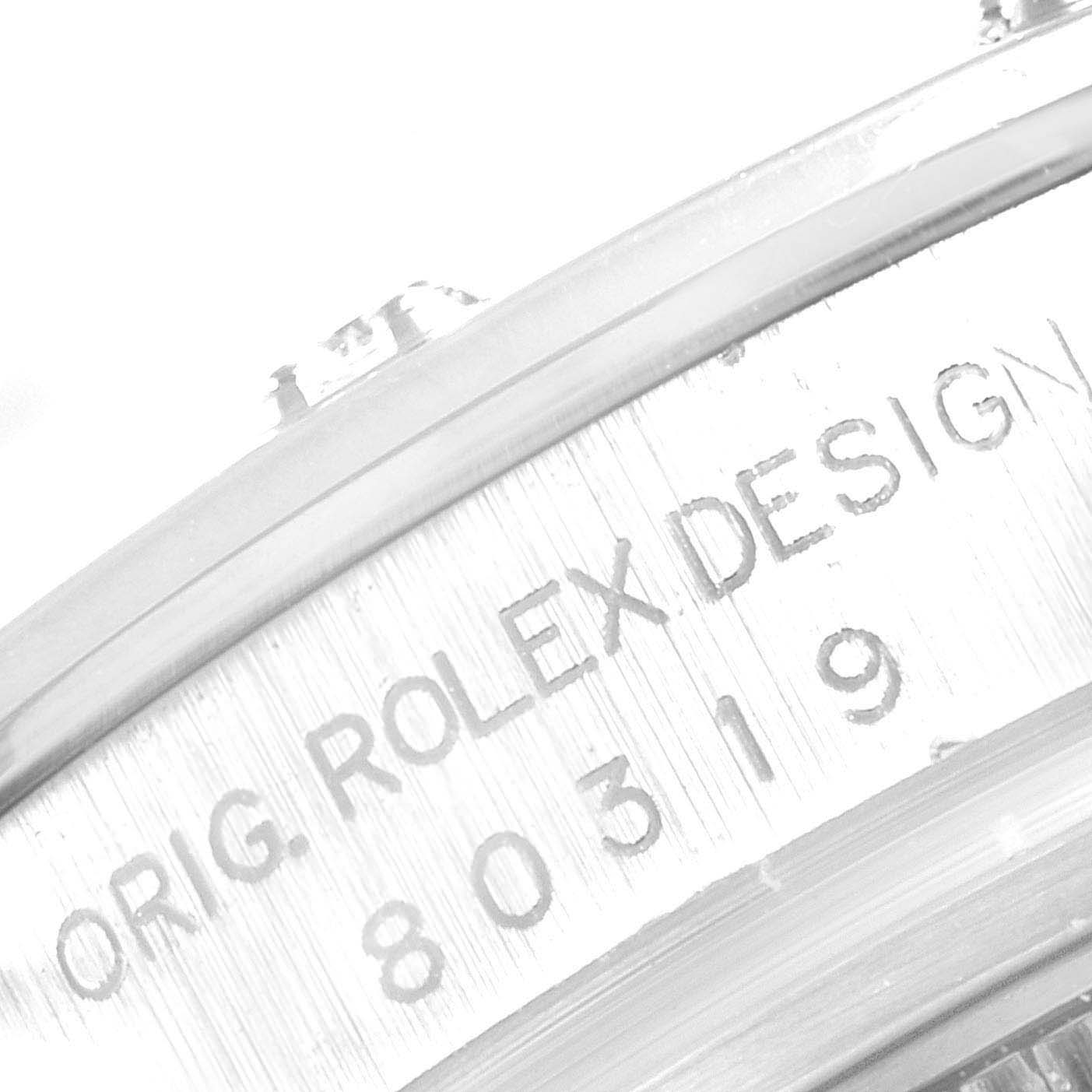 The image displays a close-up view of the case side of the Rolex Pearlmaster 80319 Women's White Gold White Dial 80319 Women's White Gold White Dial, highlighting the engraved "ORIG. ROLEX DESIGN" and model number.
