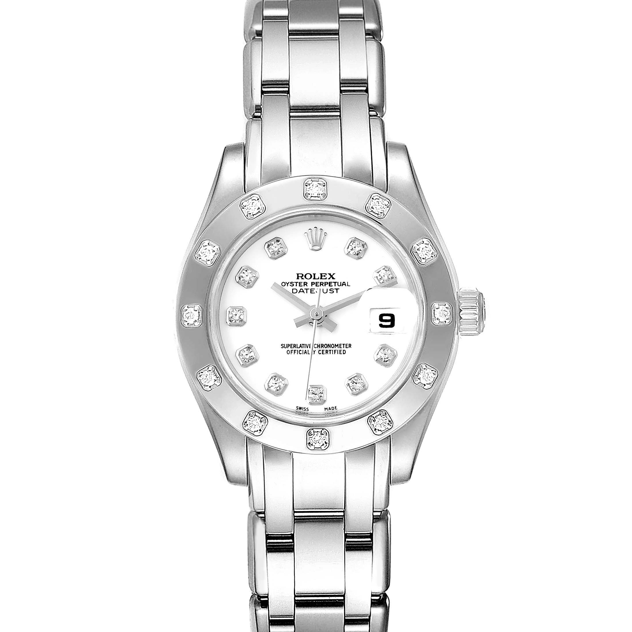 The Rolex Pearlmaster 80319 Women's White Gold White Dial 80319 Women's White Gold White Dial watch is shown from a straight-on angle, featuring the dial, bezel, bracelet, and date window.