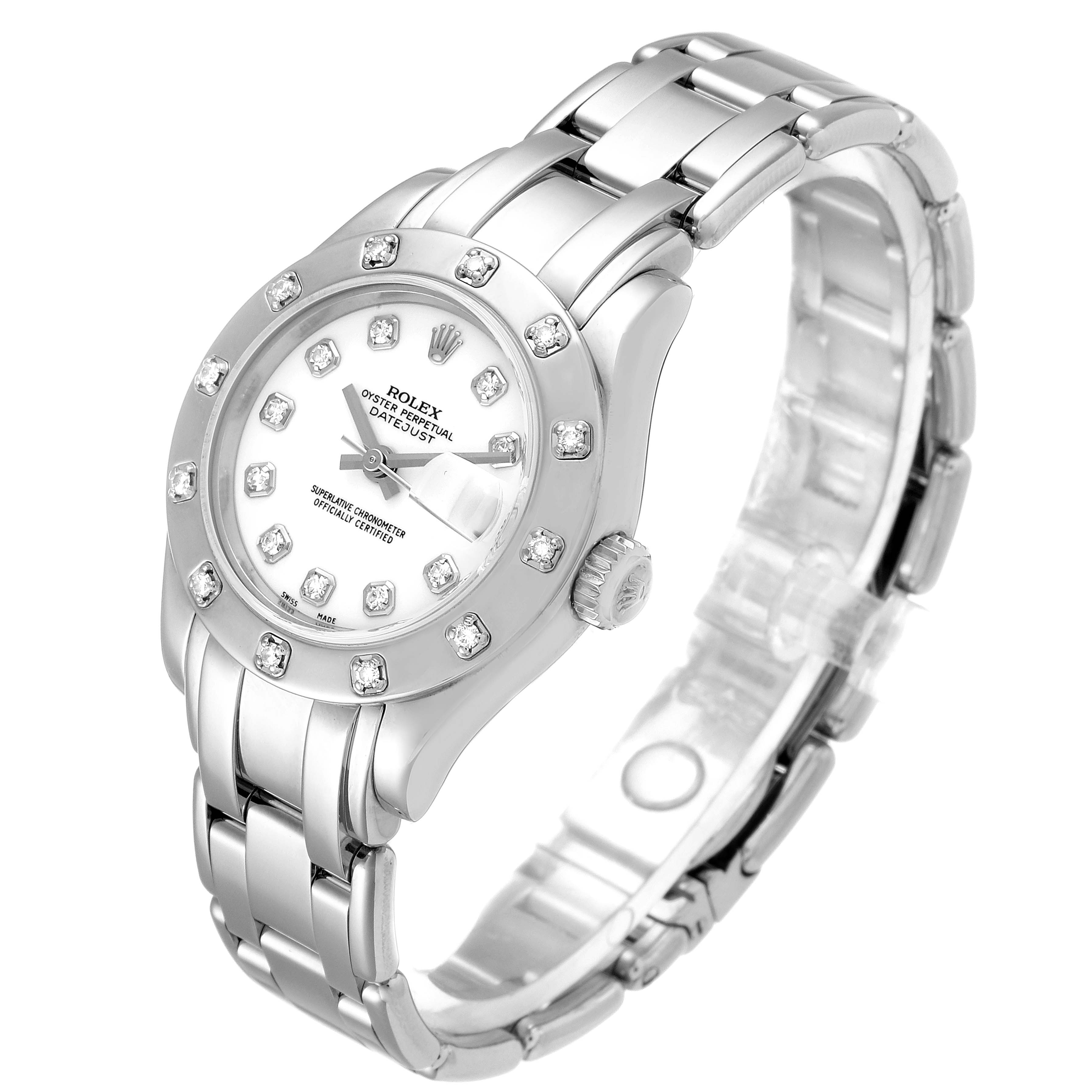 This image shows the Rolex Pearlmaster 80319 Women's White Gold White Dial 80319 Women's White Gold White Dial watch at a three-quarter angle, displaying the face, bezel, and bracelet.