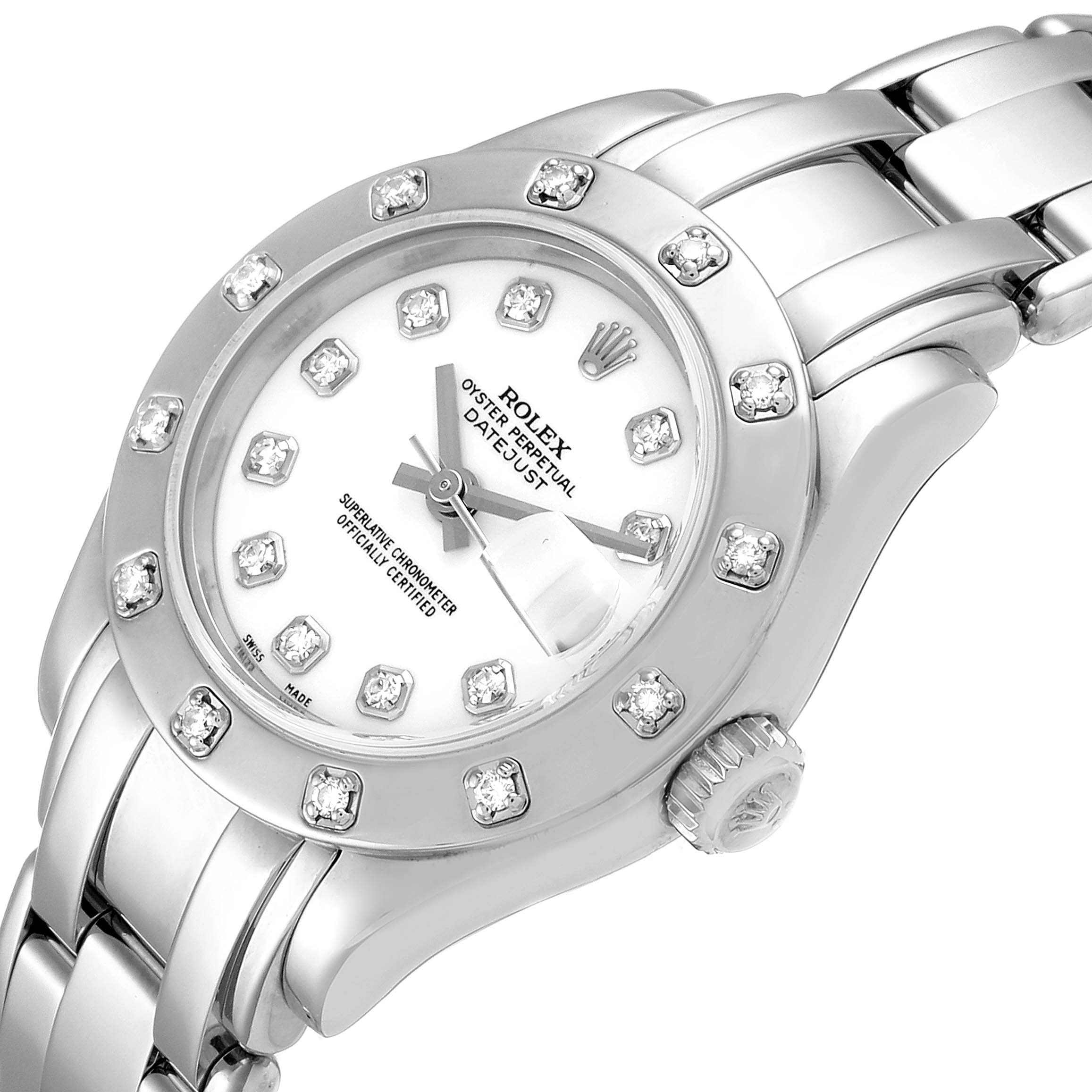 The image shows a Rolex Pearlmaster 80319 Women's White Gold White Dial 80319 Women's White Gold White Dial watch at a slight right angle, focusing on the dial, bezel, and bracelet.