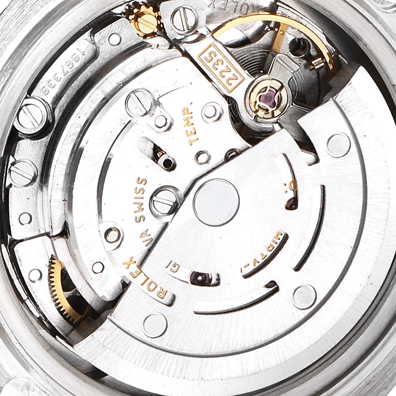 The image shows the internal mechanics and movement of a Rolex Pearlmaster 80319 Women's White Gold White Dial 80319 Women's White Gold White Dial watch up close.