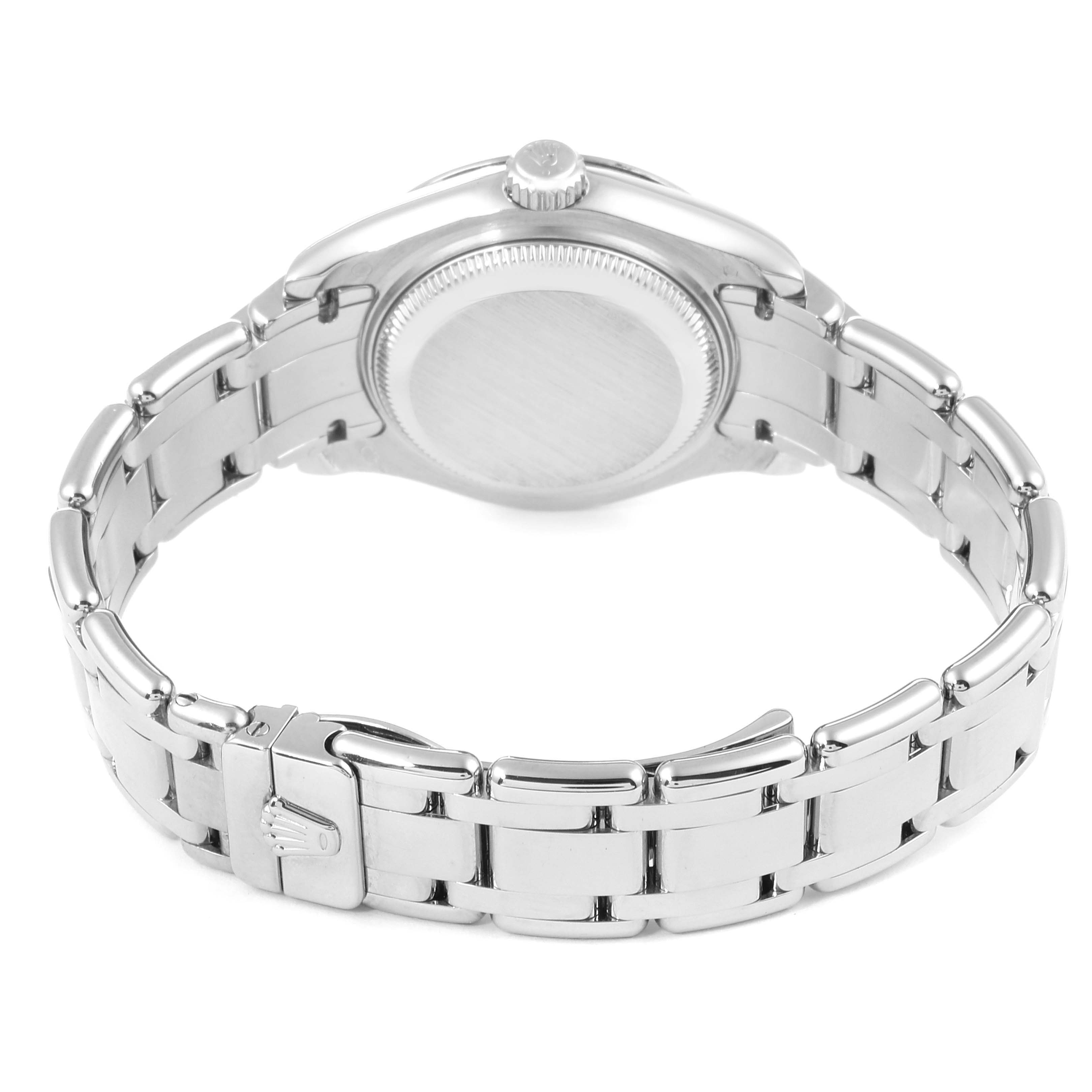 This image shows the back and bracelet of a Rolex Pearlmaster 80319 Women's White Gold White Dial 80319 Women's White Gold White Dial watch from a rear angle, highlighting the clasp and case back.