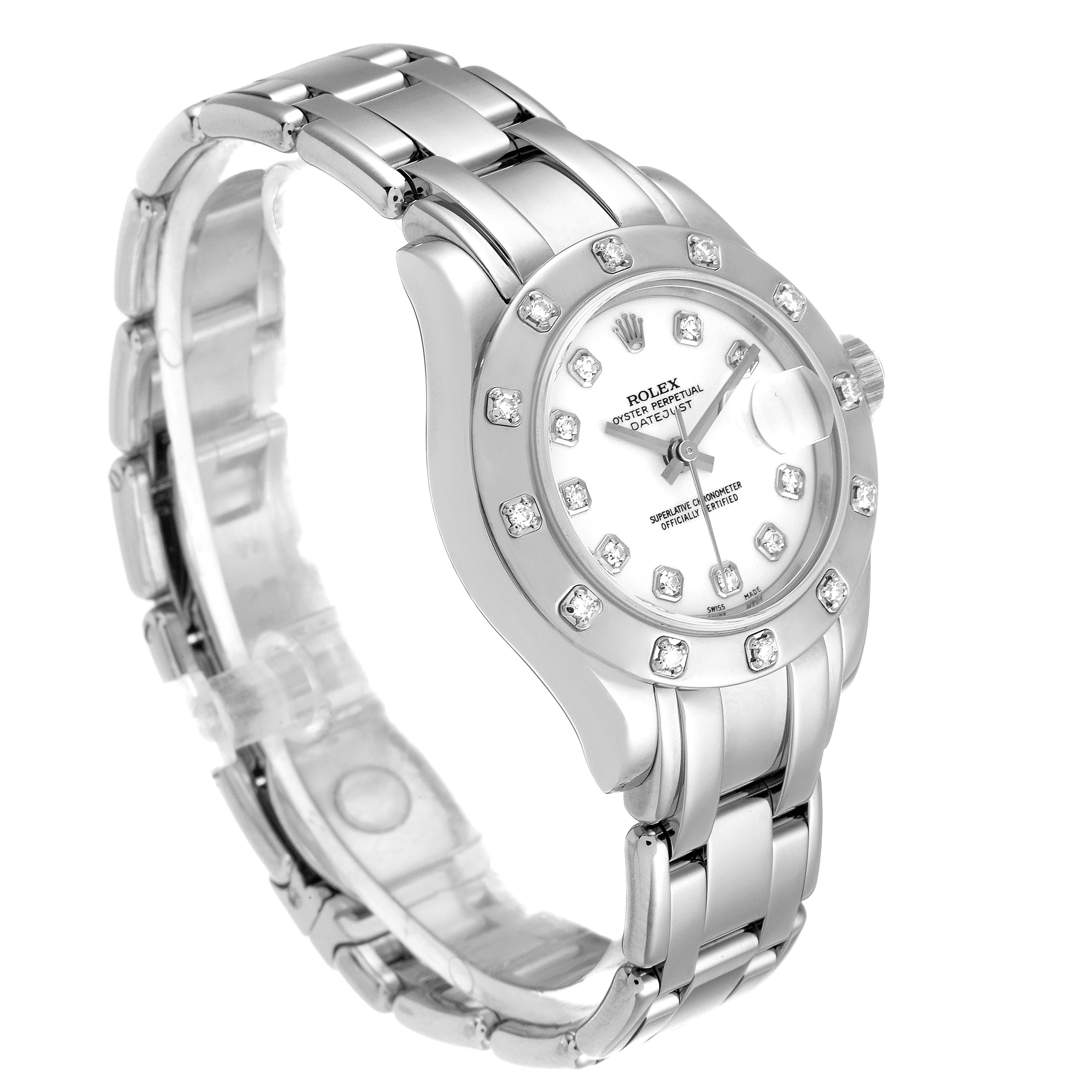 The Rolex Pearlmaster 80319 Women's White Gold White Dial 80319 Women's White Gold White Dial watch is shown at a slight angle, displaying the face, bezel with diamonds, and part of the metallic bracelet.