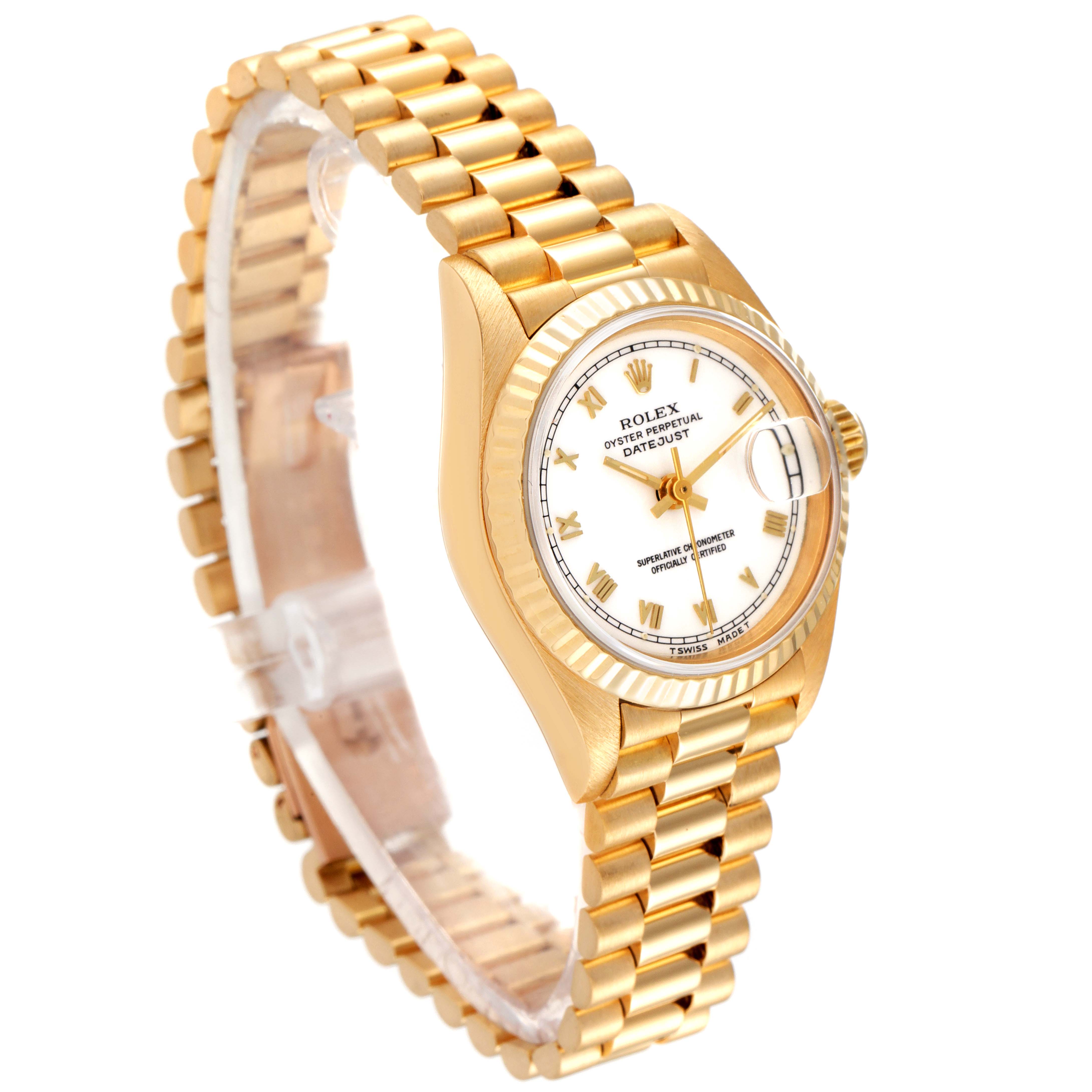 The image shows a Rolex President 69178 Women
s Yellow Gold White Dial 69178 Women
s Yellow Gold White Dial model watch from a three-quarter angle, highlighting its gold bracelet, dial, and fluted bezel.