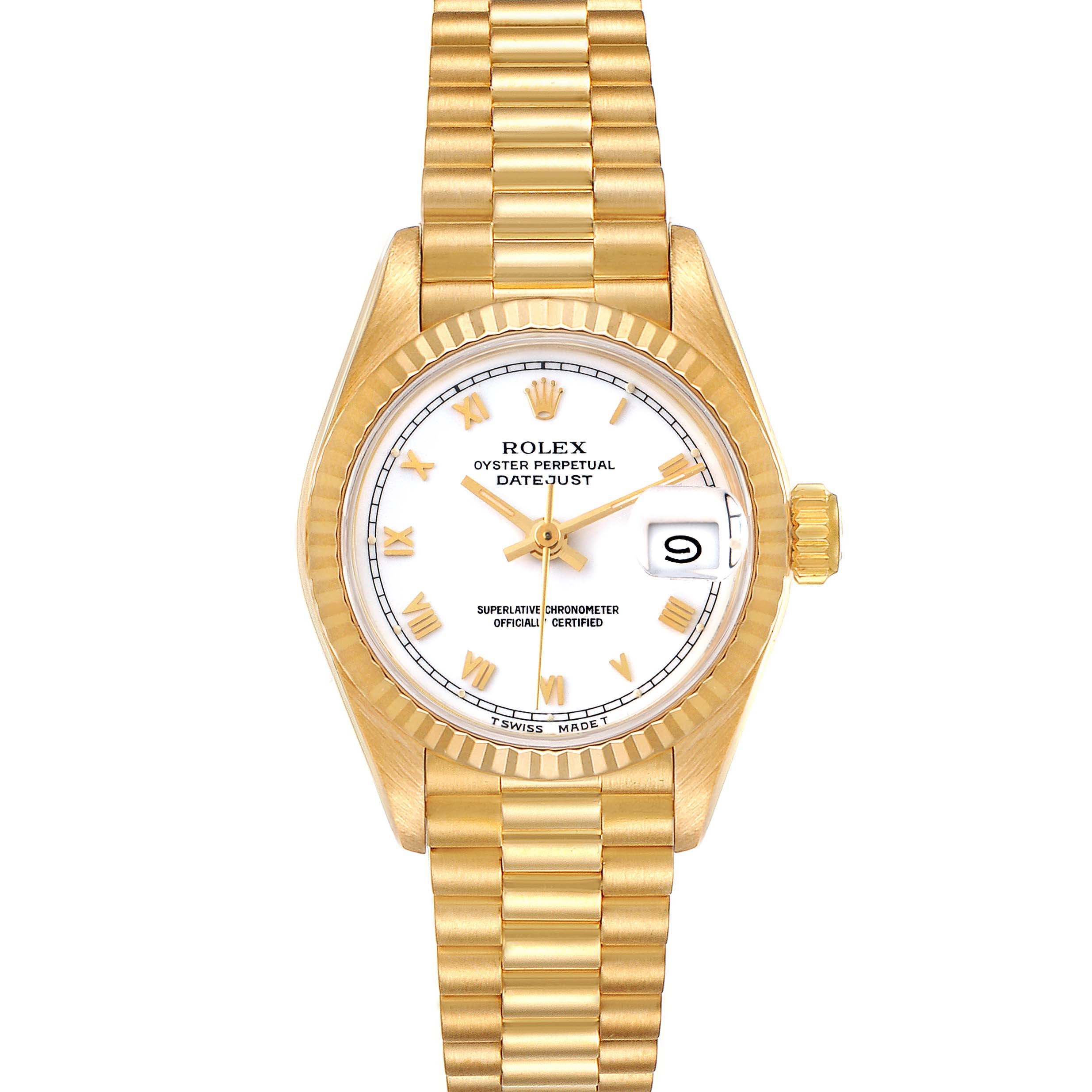 This image shows a Rolex President 69178 Women
s Yellow Gold White Dial 69178 Women
s Yellow Gold White Dial model watch from a top-down angle, displaying the dial, bezel, and bracelet.