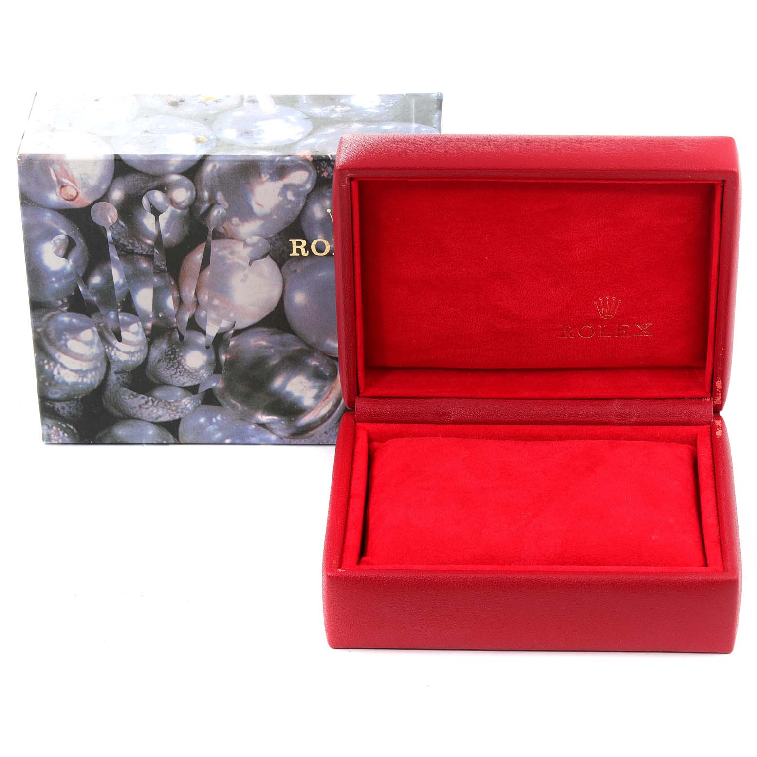 The image shows an open red Rolex President 69178 Women
s Yellow Gold White Dial 69178 Women
s Yellow Gold White Dial model watch box, with an outer decorative box in the background.