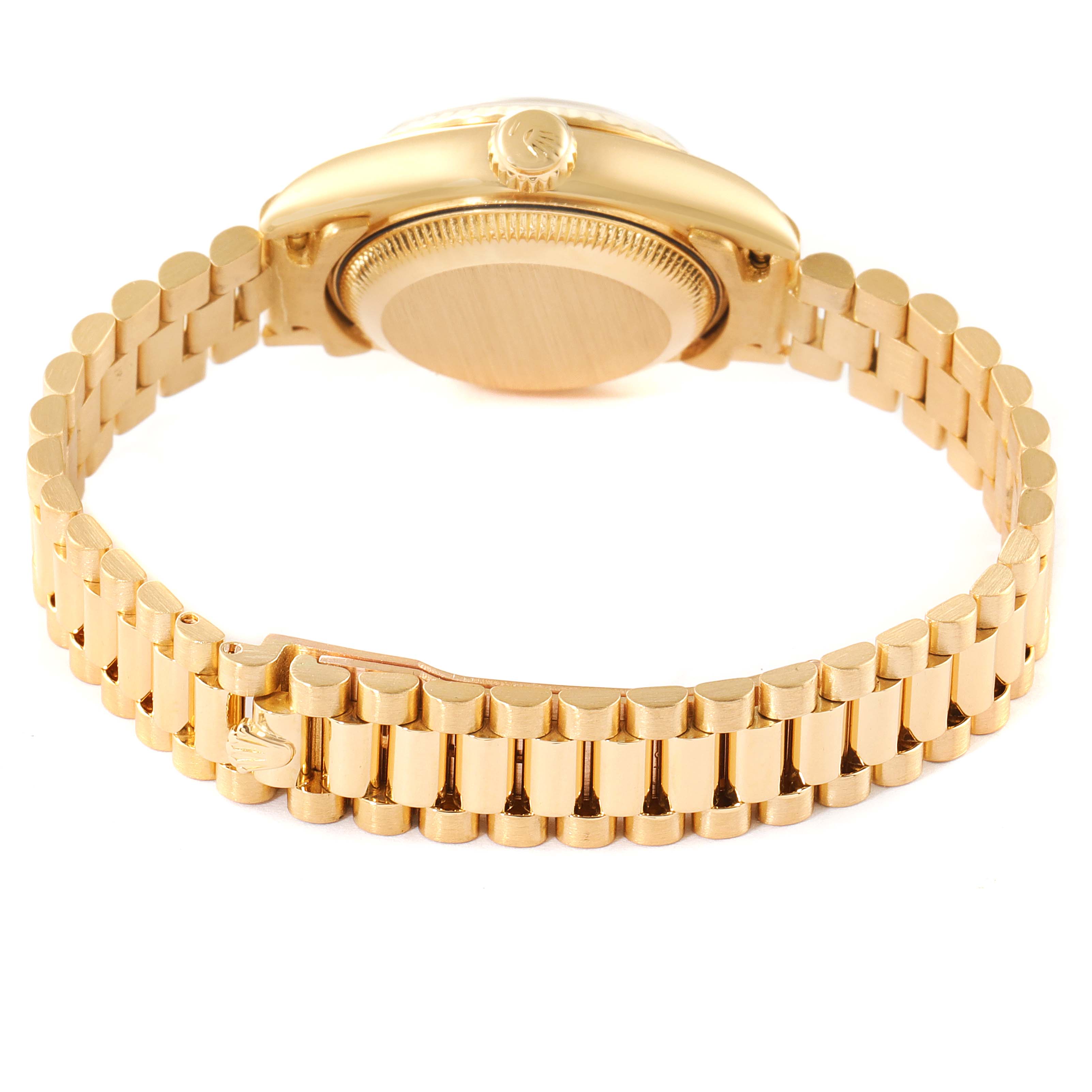The image shows the back view and bracelet of a Rolex President 69178 Women
s Yellow Gold White Dial 69178 Women
s Yellow Gold White Dial model watch.