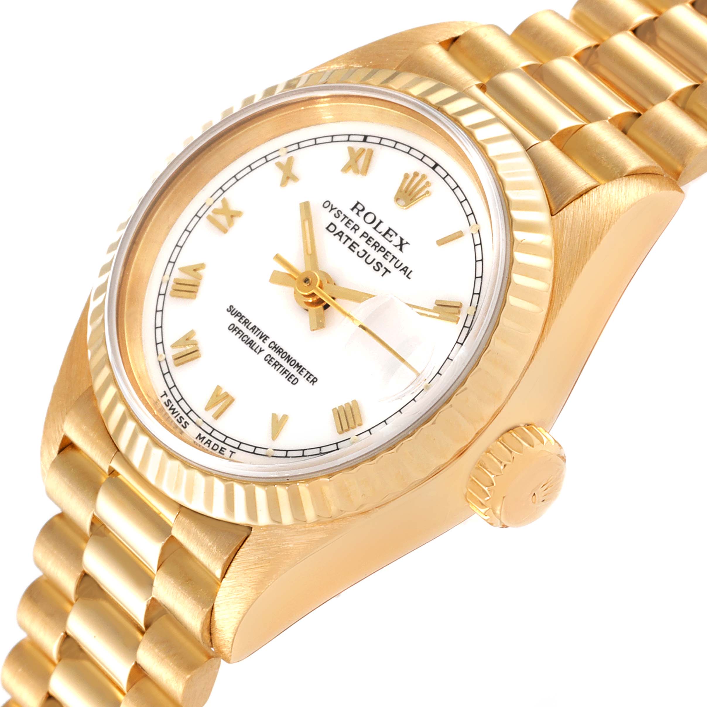 This image shows a close-up of the Rolex President 69178 Women
s Yellow Gold White Dial 69178 Women
s Yellow Gold White Dial model watch, focusing on the dial, bezel, case, and partially the bracelet.