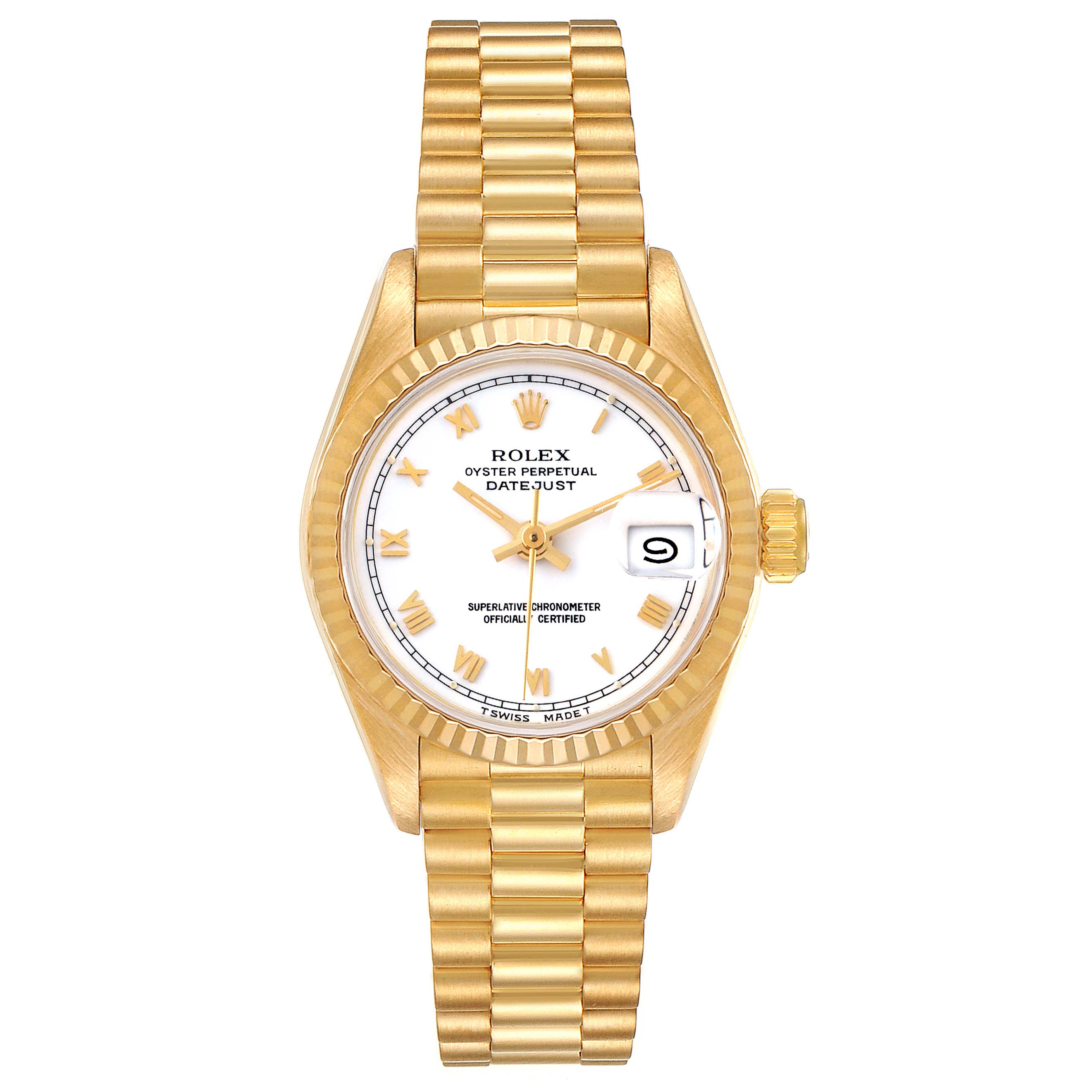 The image shows a front view of a Rolex President 69178 Women
s Yellow Gold White Dial 69178 Women
s Yellow Gold White Dial model watch, displaying the dial, bezel, and bracelet.