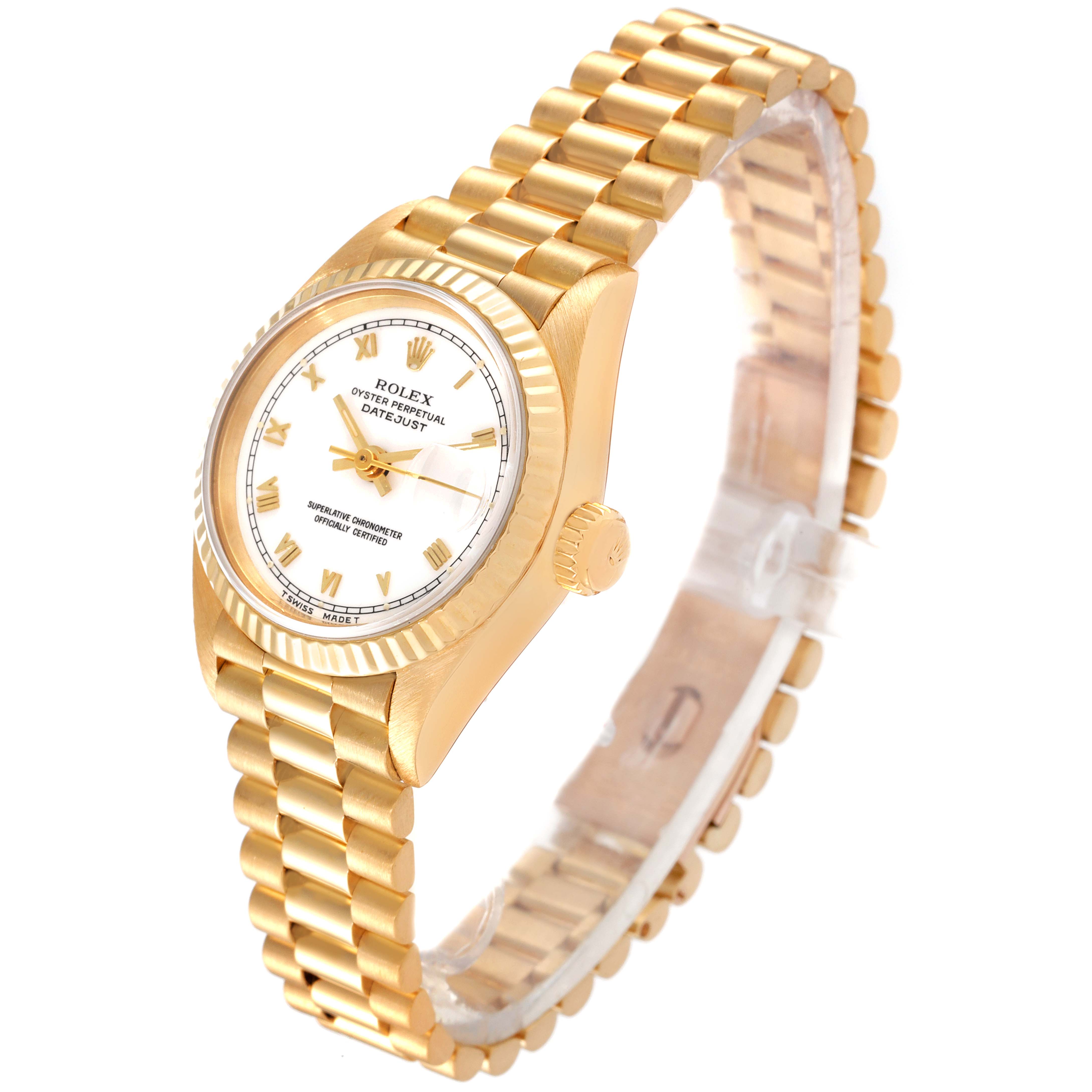 This image shows a Rolex President 69178 Women
s Yellow Gold White Dial 69178 Women
s Yellow Gold White Dial model from a front angle, highlighting its gold bracelet, case, and white dial.