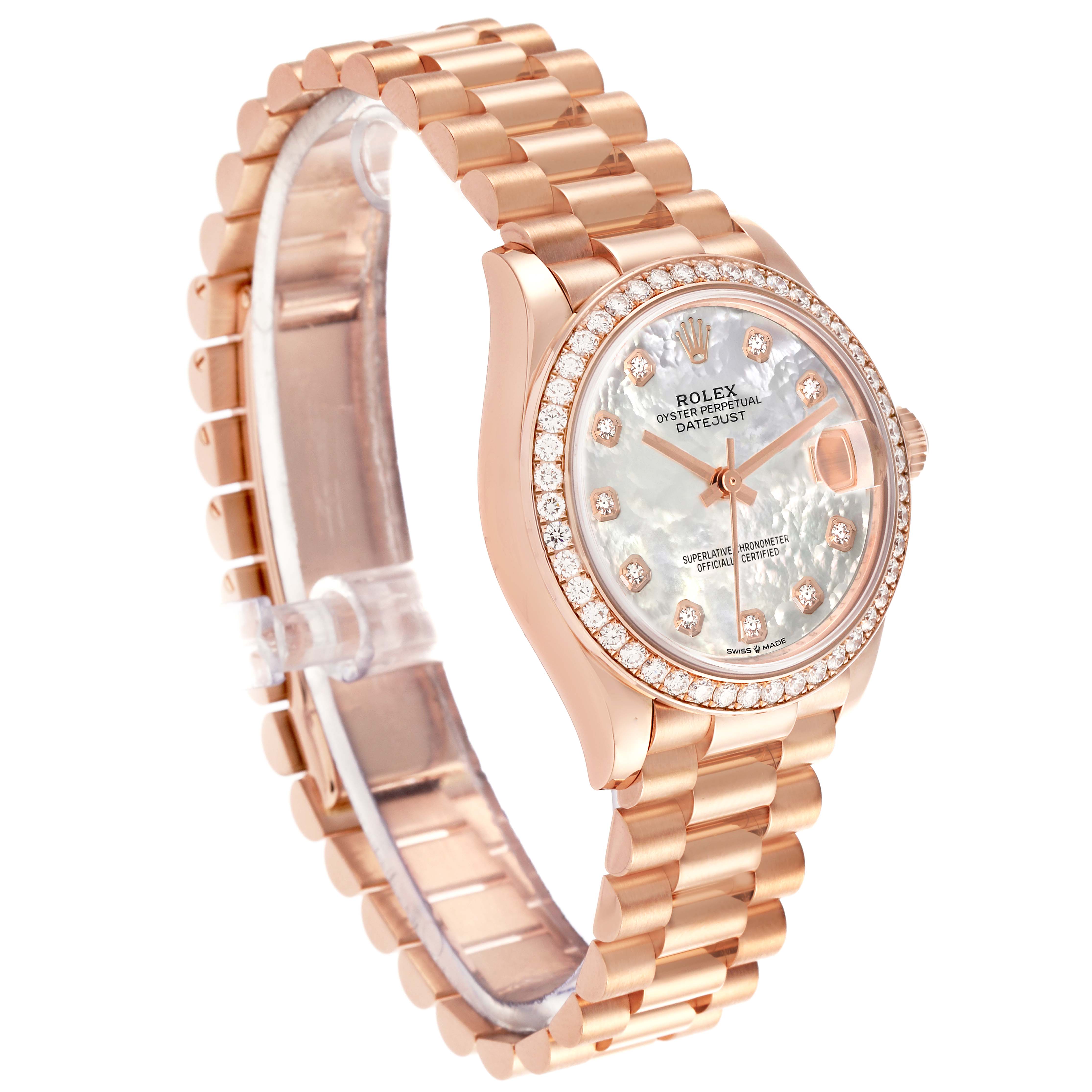 The Rolex Mid-Size watch is shown at a three-quarter angle, displaying the face, bezel, and bracelet.