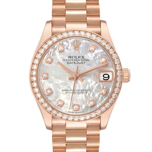 The Rolex Mid-Size model is shown from a front angle, highlighting its mother-of-pearl dial, diamond bezel, and rose gold bracelet.