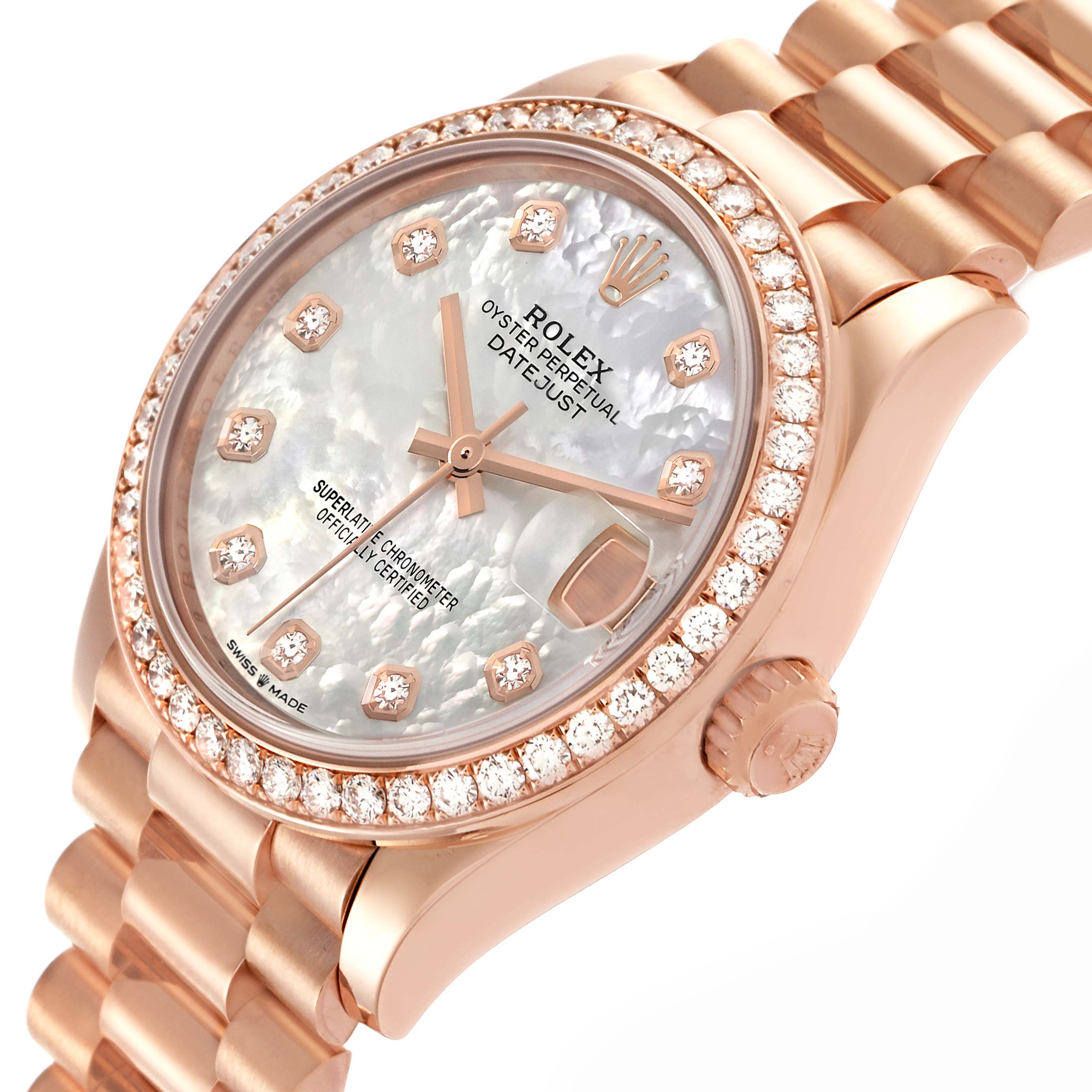 The Rolex Mid-Size watch is shown at a three-quarter angle, highlighting the bezel, dial, crown, and bracelet.