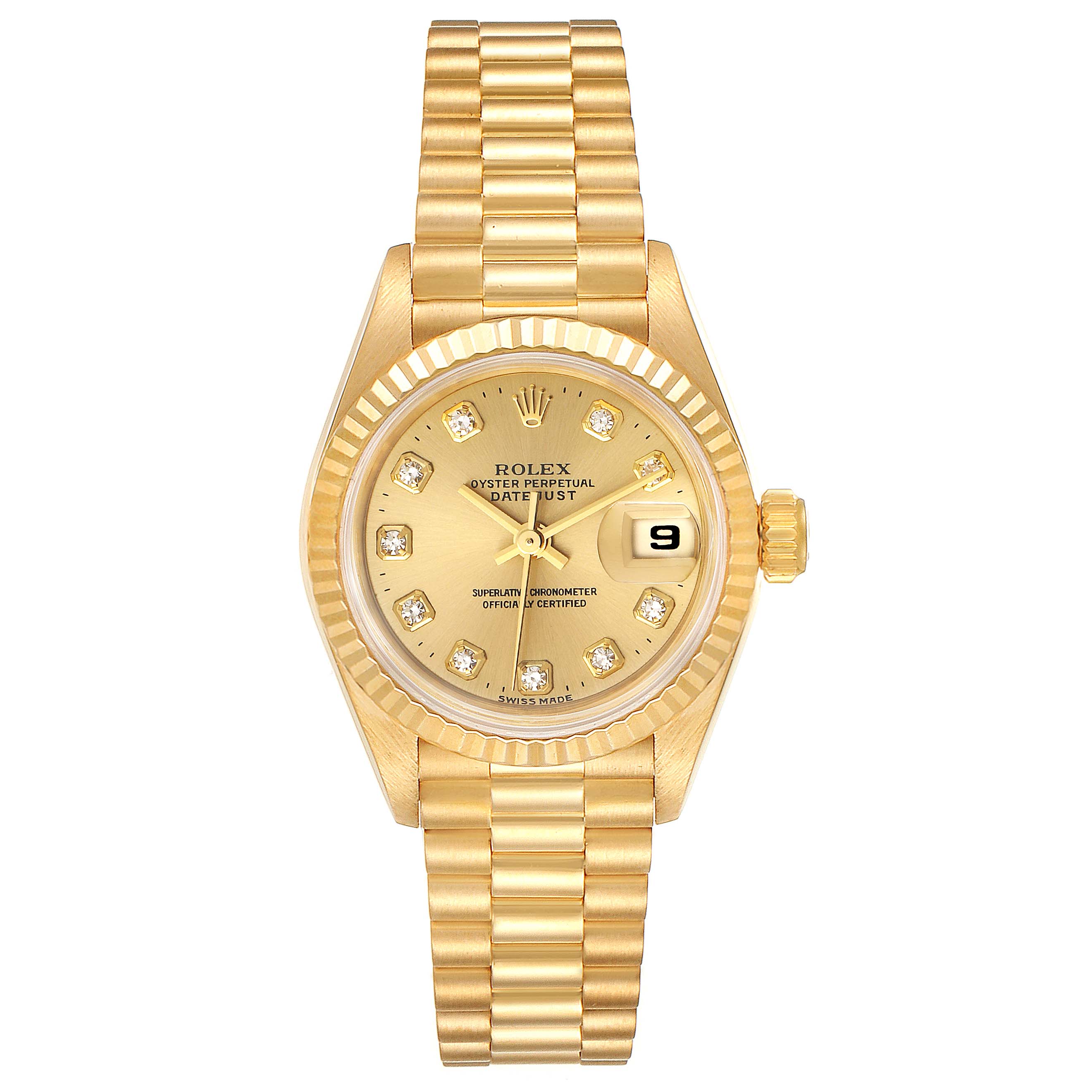 The image shows a frontal view of the Rolex President 69178 Women
s Yellow Gold Champagne Dial 69178 Women
s Yellow Gold Champagne Dial model watch, displaying its gold bracelet, diamond hour markers, and date window.