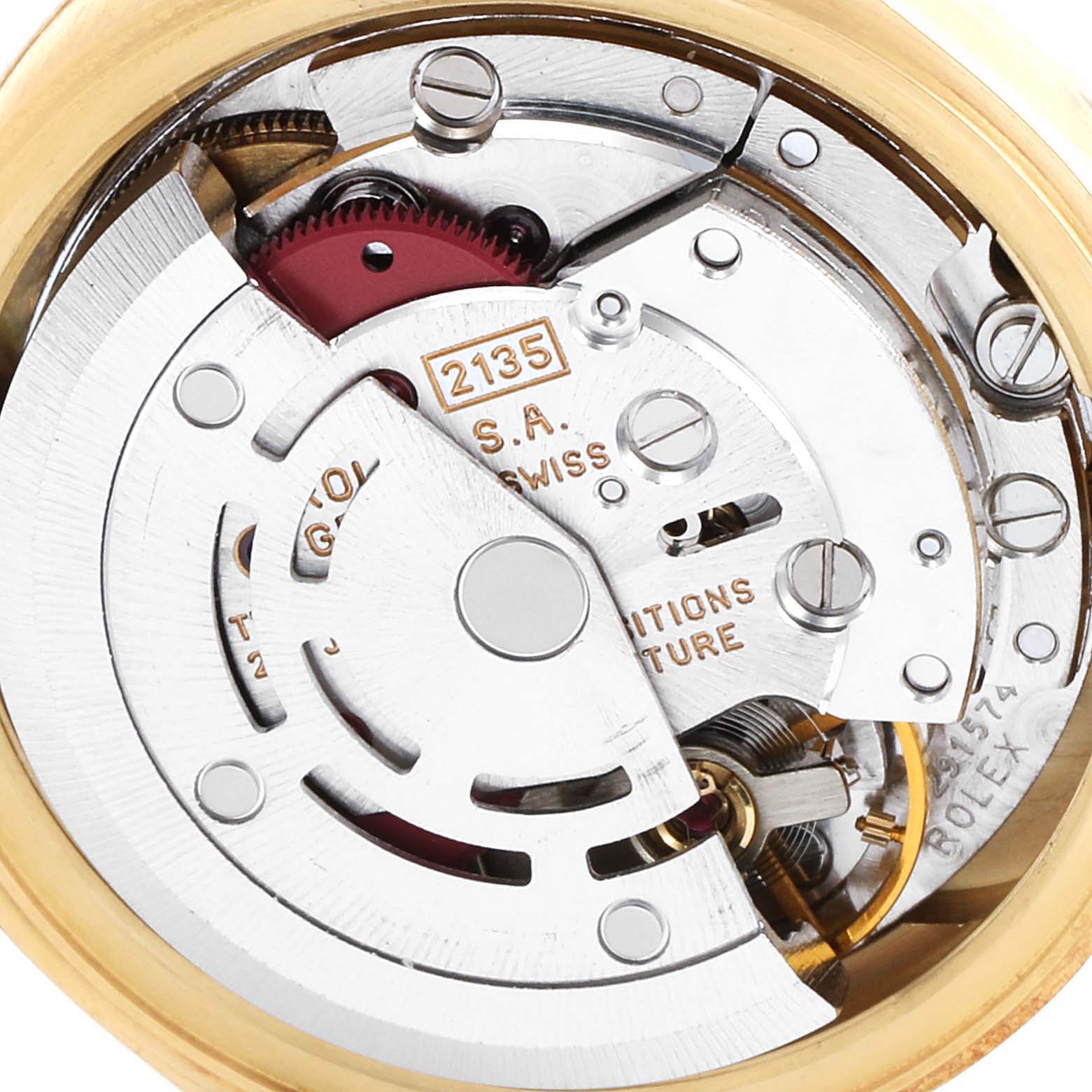 This image shows a close-up view of the internal mechanism of a Rolex President 69178 Women
s Yellow Gold Champagne Dial 69178 Women
s Yellow Gold Champagne Dial model watch.