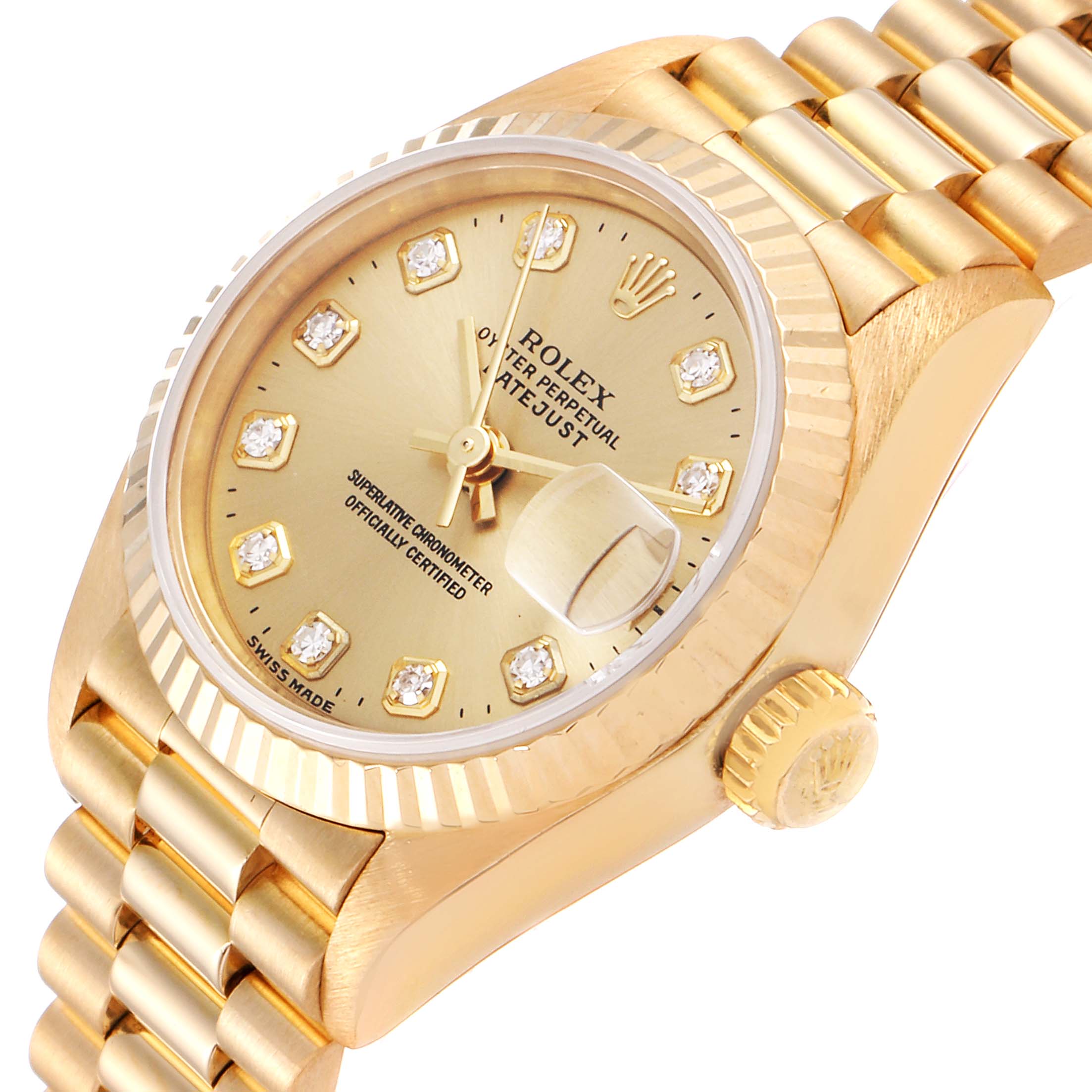 This image shows a close-up angled view of the Rolex President 69178 Women
s Yellow Gold Champagne Dial 69178 Women
s Yellow Gold Champagne Dial watch, highlighting the dial, crown, and bracelet.