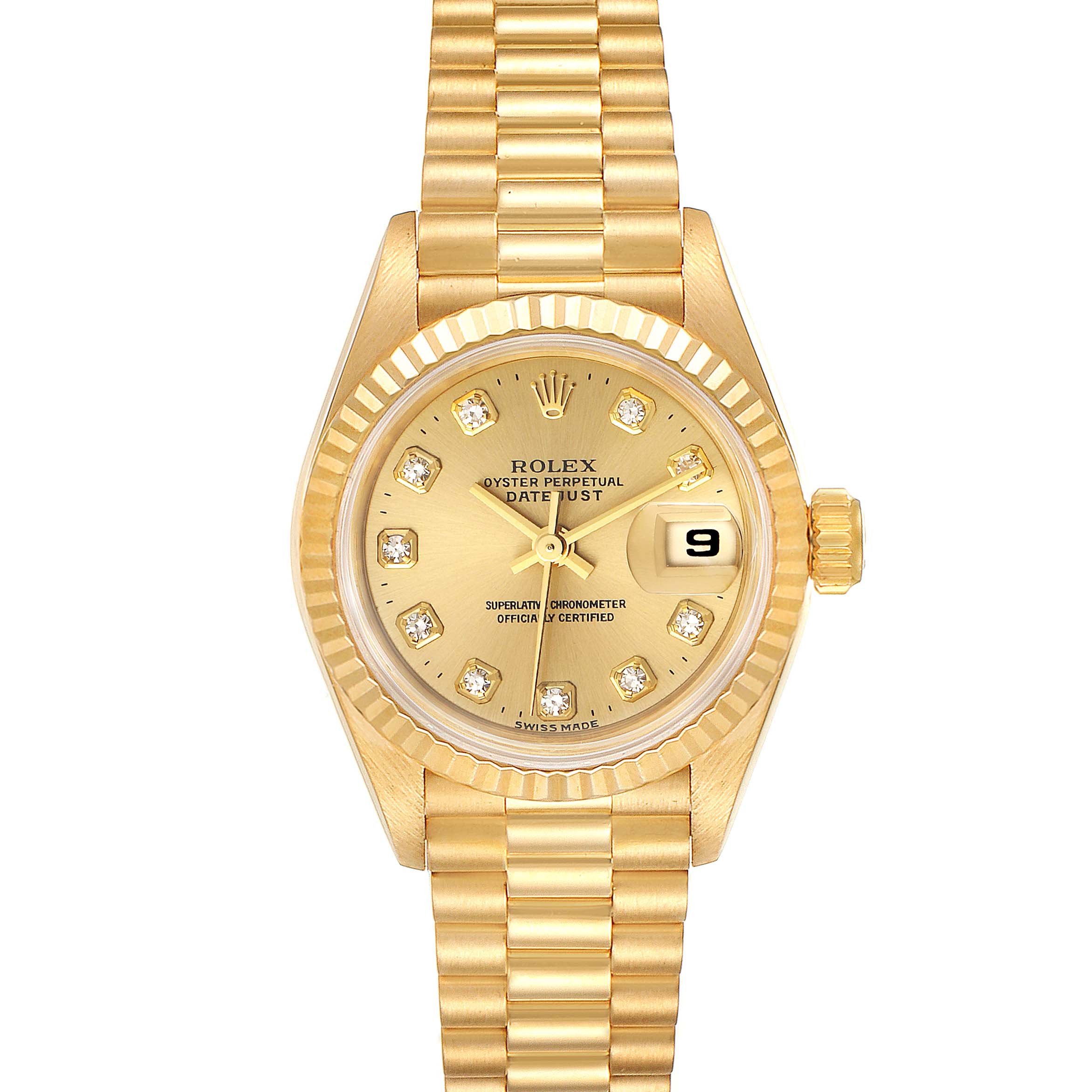 The image shows a Rolex President 69178 Women
s Yellow Gold Champagne Dial 69178 Women
s Yellow Gold Champagne Dial model watch with a gold case, fluted bezel, and bracelet, viewed from the front.