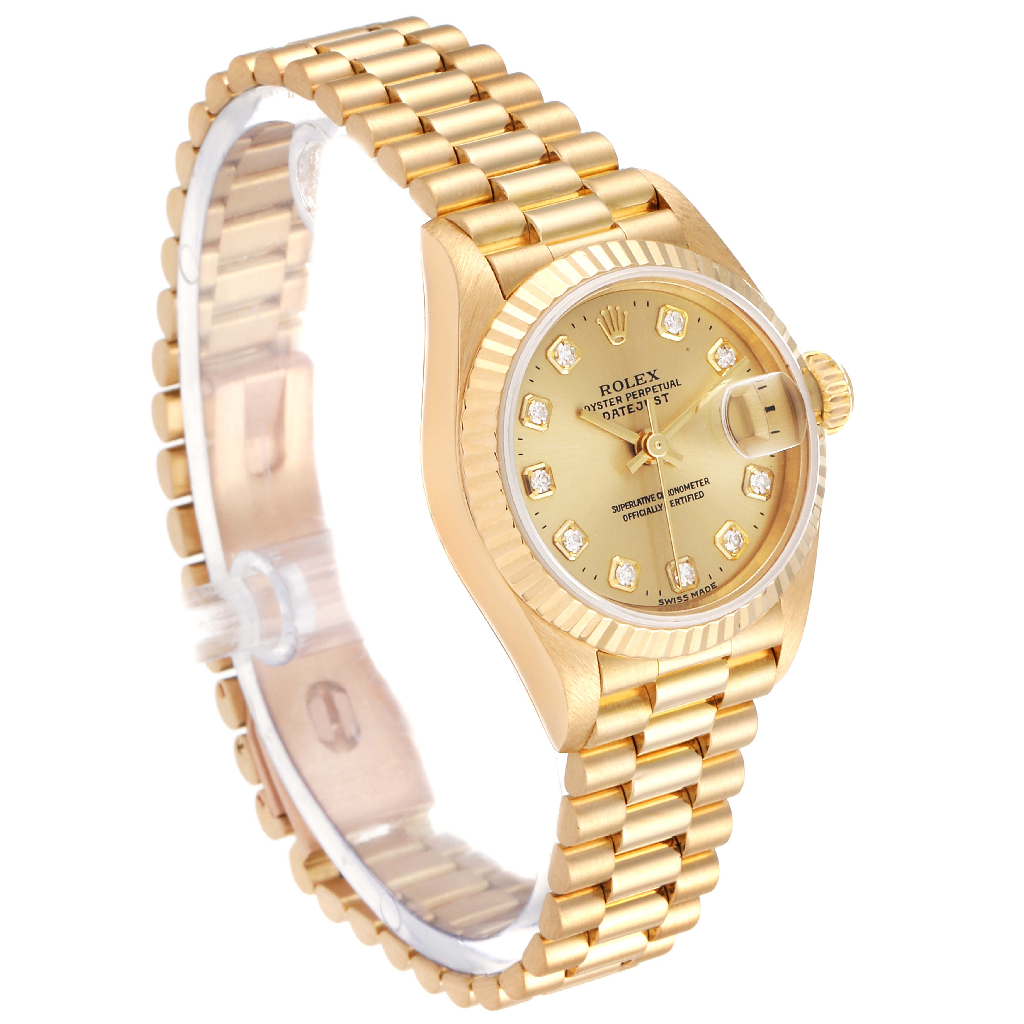 This Rolex President 69178 Women
s Yellow Gold Champagne Dial 69178 Women
s Yellow Gold Champagne Dial model watch is shown at a slight angle, highlighting its gold bracelet, face, and crown.