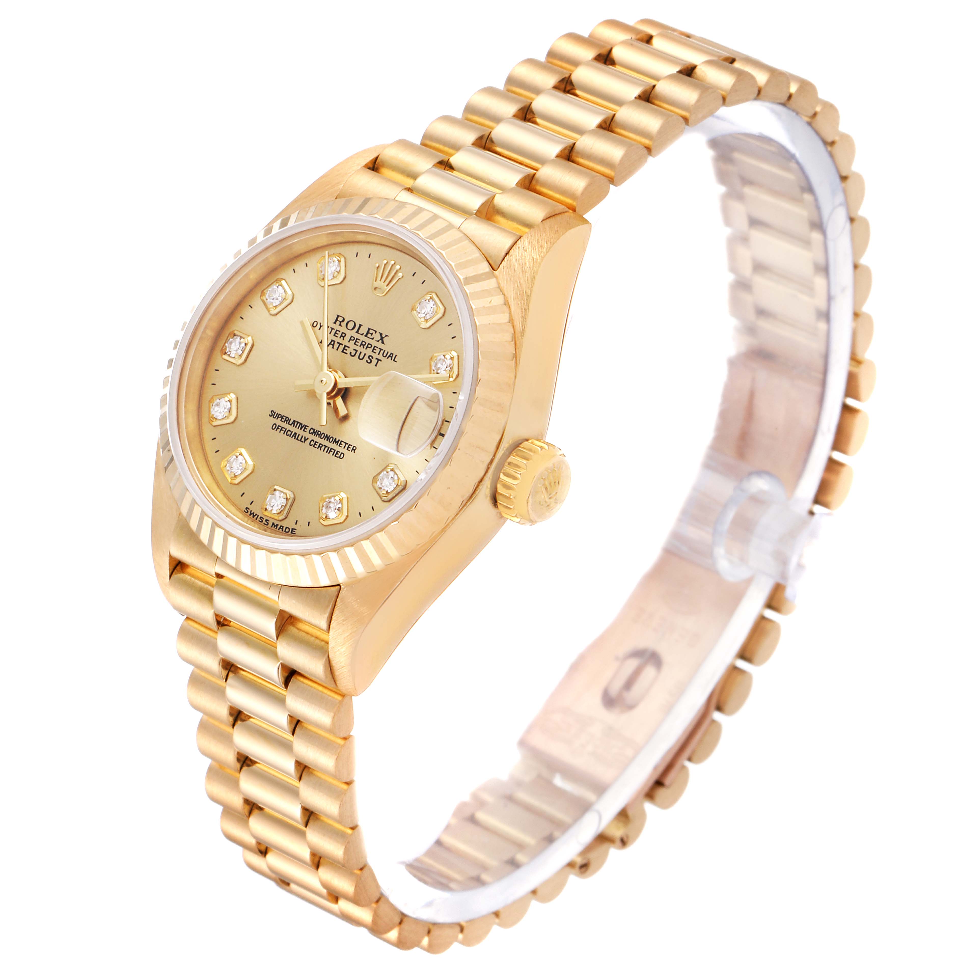 The image shows a gold Rolex President 69178 Women
s Yellow Gold Champagne Dial 69178 Women
s Yellow Gold Champagne Dial model watch at a three-quarter view, highlighting its dial, bezel, bracelet, and crown.