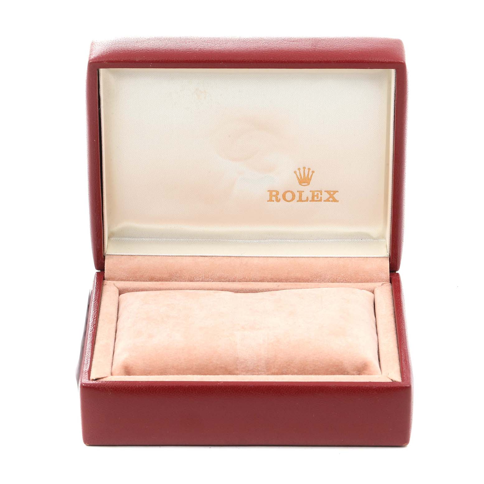 The image shows an open Rolex watch box at a straight-on angle, featuring the interior padding and logo for the President model.