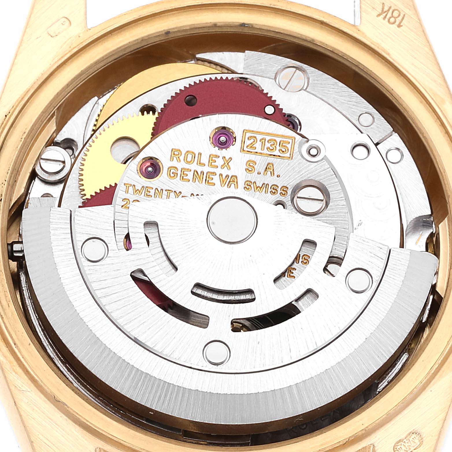 The image shows the movement mechanism of a Rolex President 69178 Women
s Yellow Gold Champagne Dial 69178 Women
s Yellow Gold Champagne Dial model watch from the back.