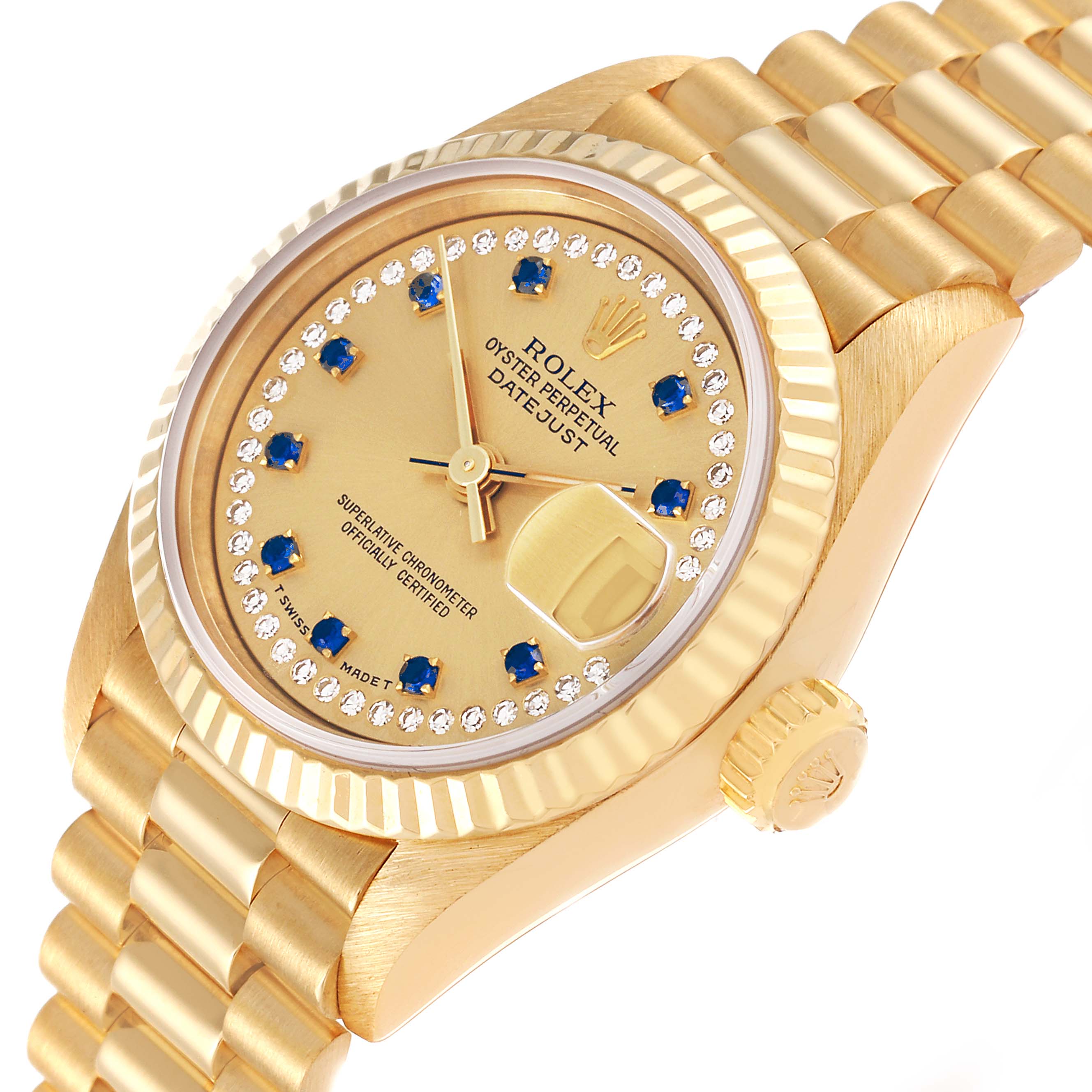The image shows a close-up angle of a Rolex President 69178 Women
s Yellow Gold Champagne Dial 69178 Women
s Yellow Gold Champagne Dial model watch, displaying the dial, crown, bezel, and part of the bracelet.